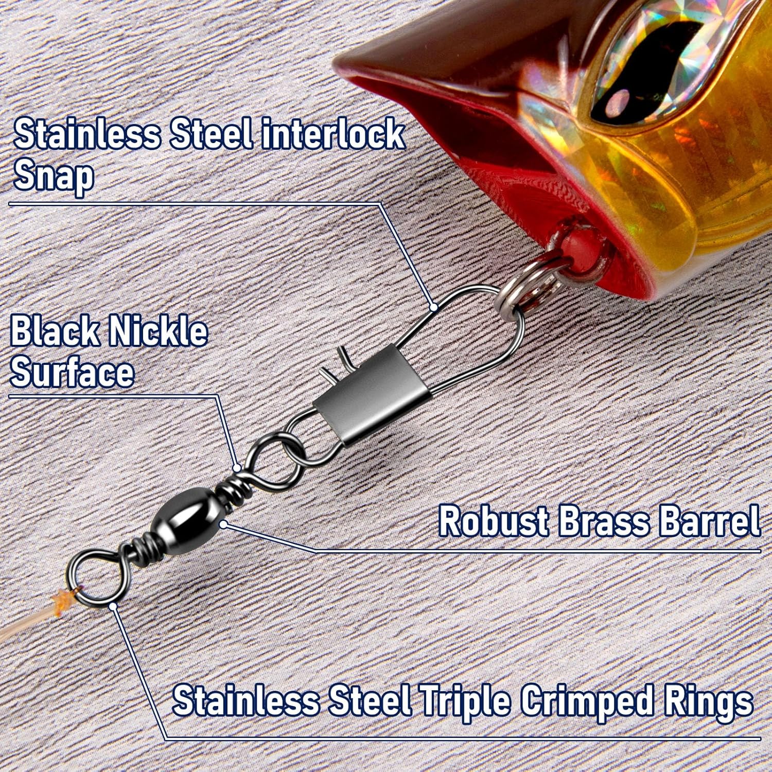 100-Pack Fishing Snap Swivels, Barrel Swivels Tackle with Snaps Freshwater, Stainless Steel Safty Interlock Swivel Black Nickel Coated Lure Hook Connector Quick Change Clips #14-26LB-0.98
