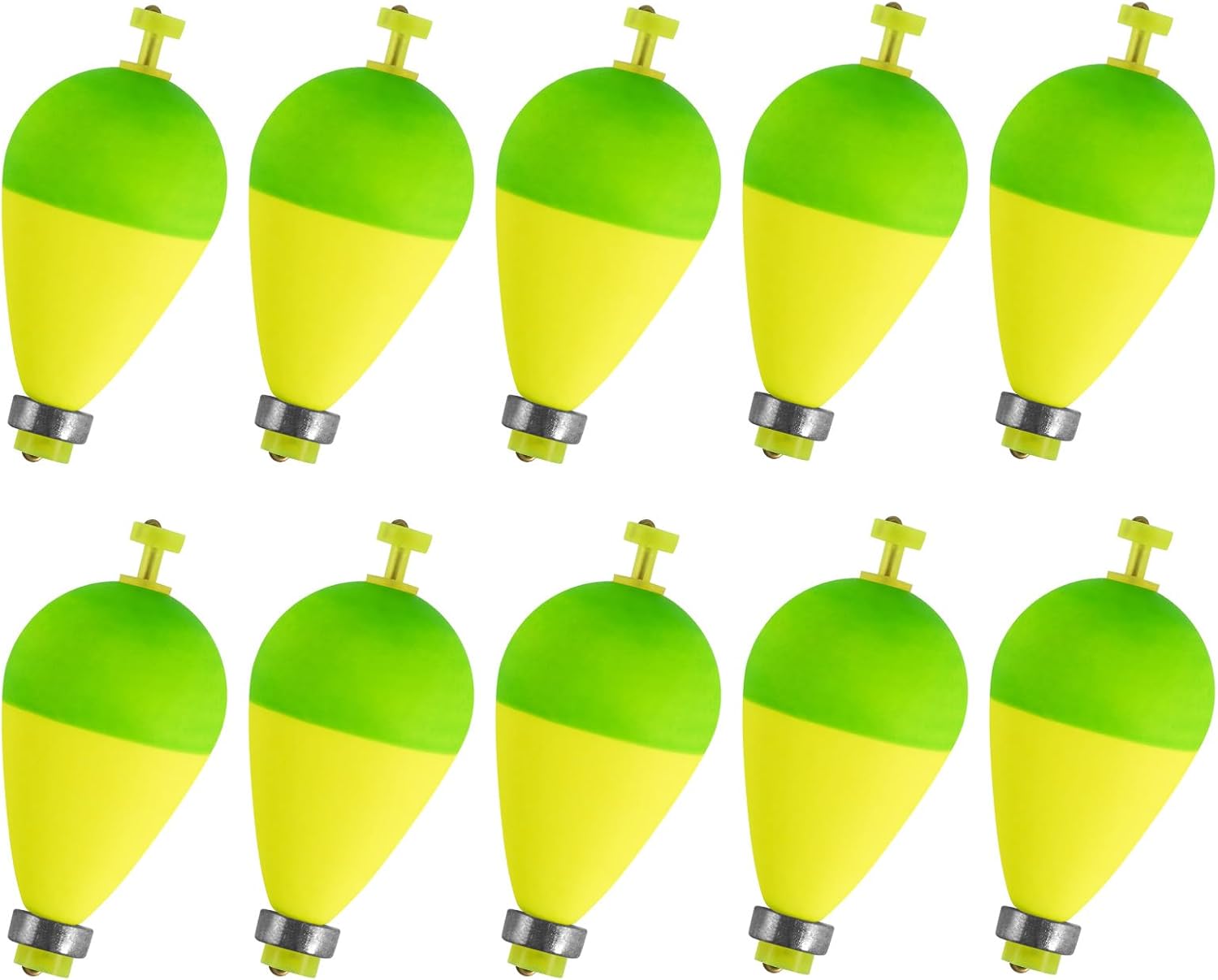 10 Pack Fishing Bobbers Floats, Weighted for Pear Shape EVA Foam Oval Snap-on Floats Corks Floaters Buoys Crappie Bass Panfish Bluegills Trout Yellow&Green 1.6IN - 9/32OZ - Image 1