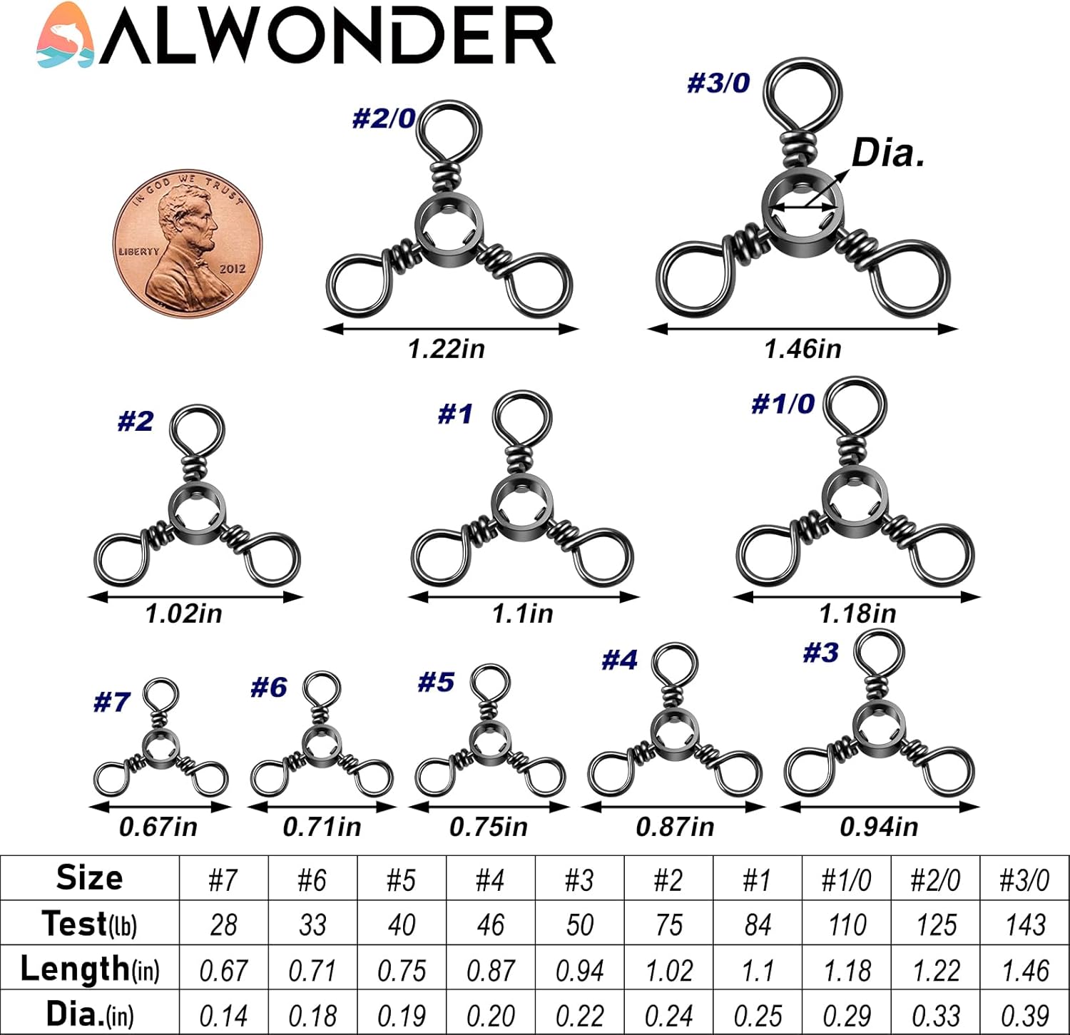 100-Pack 3 Way Swivels Fishing Tackle, 28-143LB Stainless Steel Black Nickel Three Swivel Connectors Saltwater Freshwater Surf Deep Drop Catfishing Rigs Tackle  #5-40LB-100 Pack - Image 2