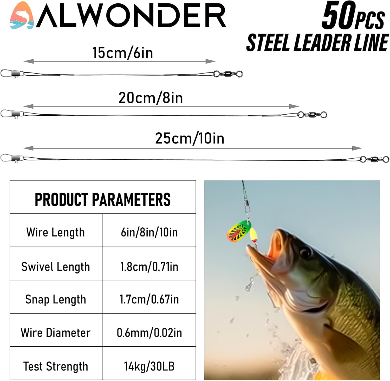 50PCS Fishing Leaders, Fish Line Stainless Steel Wire with Swivels Snap, High-Strength 30LB Hi-Low Rig Leader Tackle Gear Connector for Lures Baits Rigs Hooks Black 6IN - Image 2