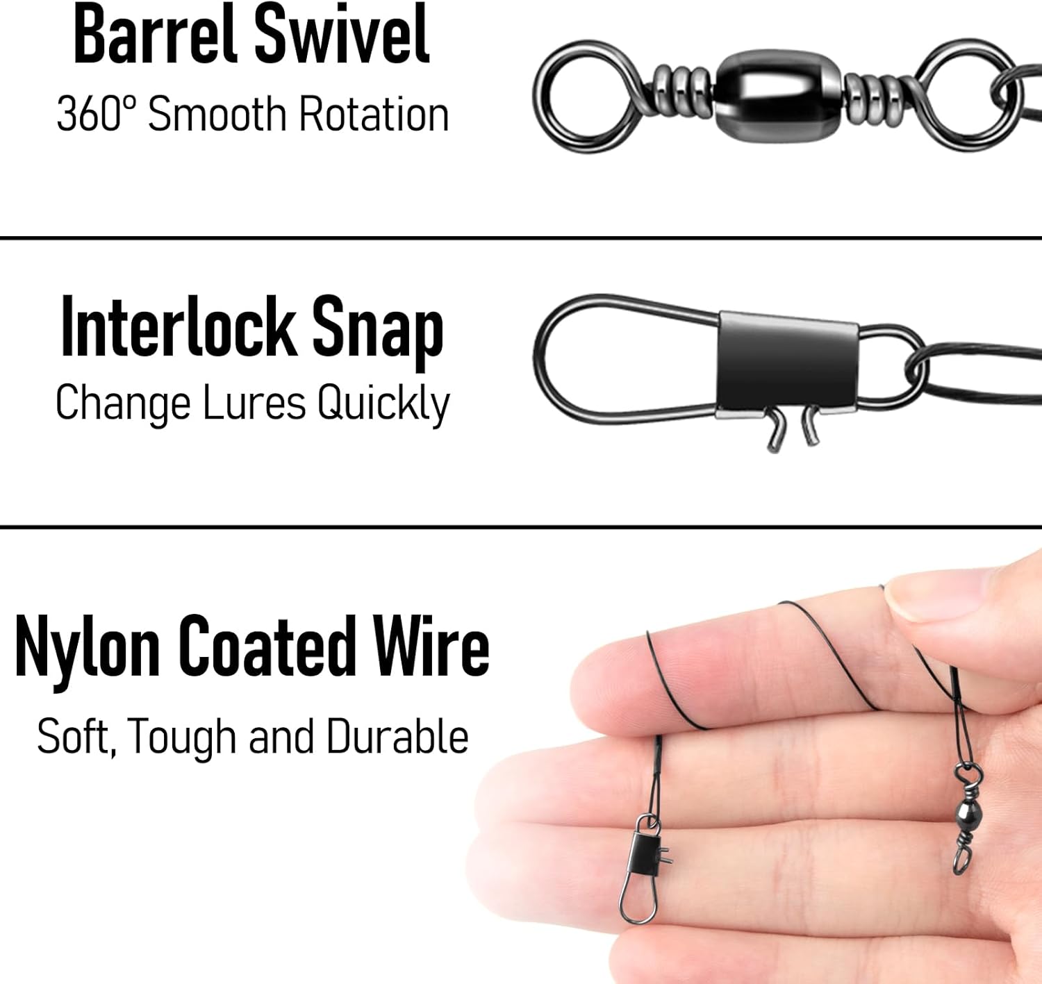 50PCS Fishing Leaders, Fish Line Stainless Steel Wire with Swivels Snap, High-Strength 30LB Hi-Low Rig Leader Tackle Gear Connector for Lures Baits Rigs Hooks Black 6IN - Image 3