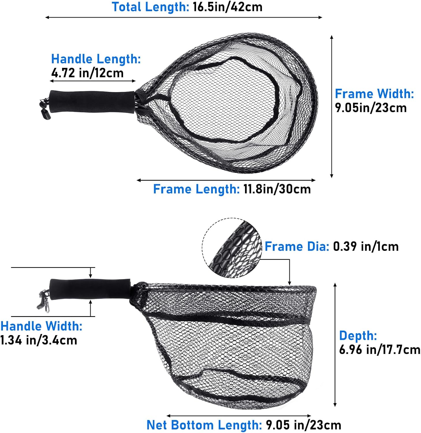 Fly Fishing Net with EVA Handle, Ice Landing Nets CNC Aluminum Alloy Frame, Rubber Coated Mesh Trout Kayak for Crappie Bass Sunfish Bulegill Panfish Black - Image 2