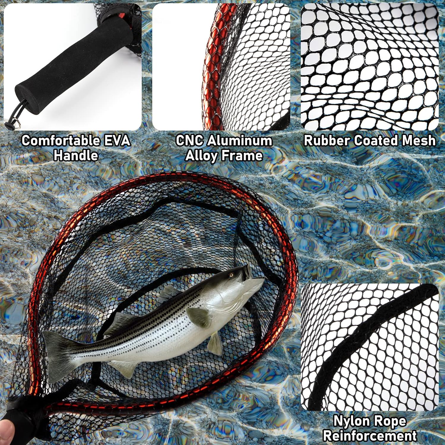 Fly Fishing Net with EVA Handle, Ice Landing Nets CNC Aluminum Alloy Frame, Rubber Coated Mesh Trout Kayak for Crappie Bass Sunfish Bulegill Panfish Black - Image 3