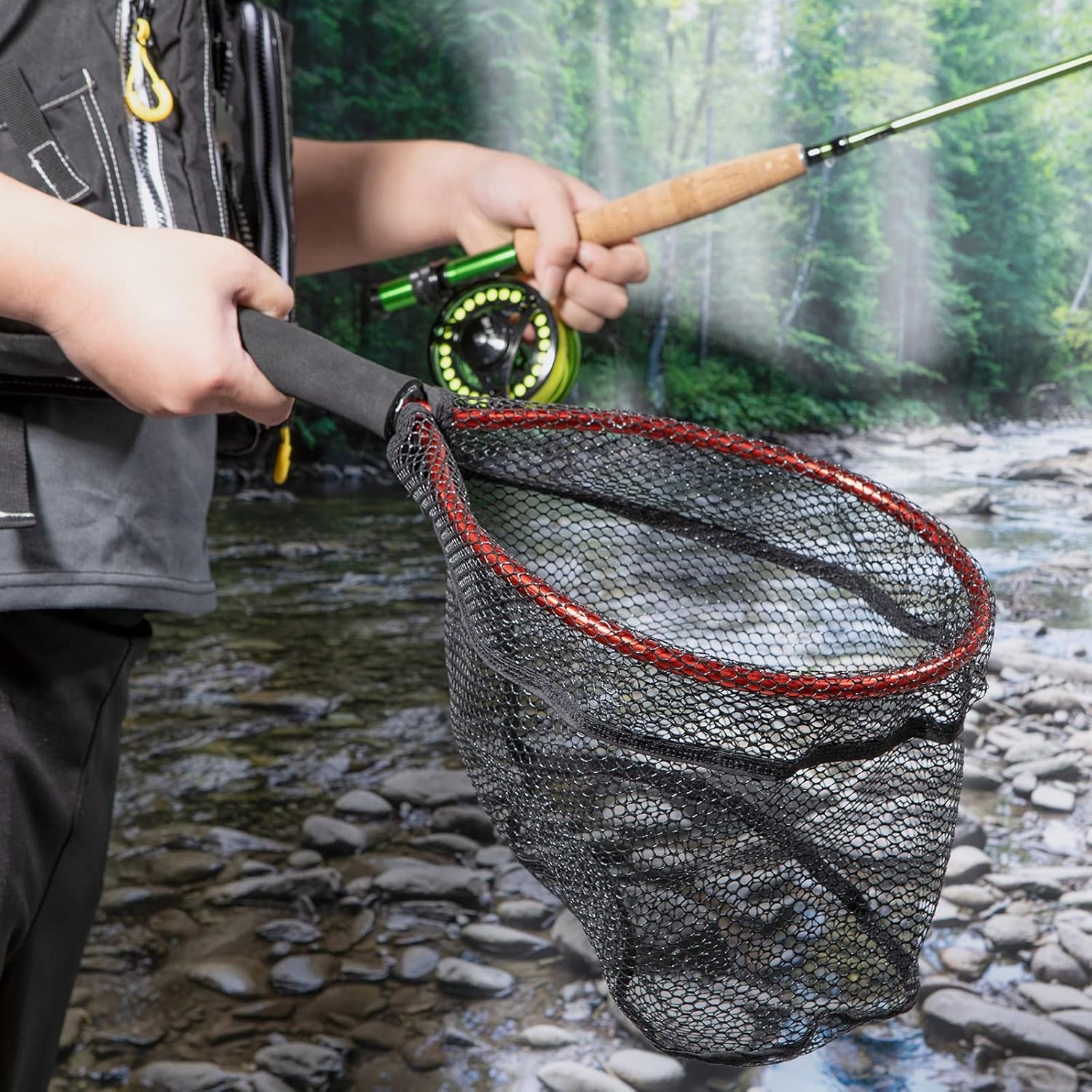 Fly Fishing Net with EVA Handle, Ice Landing Nets CNC Aluminum Alloy Frame, Rubber Coated Mesh Trout Kayak for Crappie Bass Sunfish Bulegill Panfish Black - Image 7