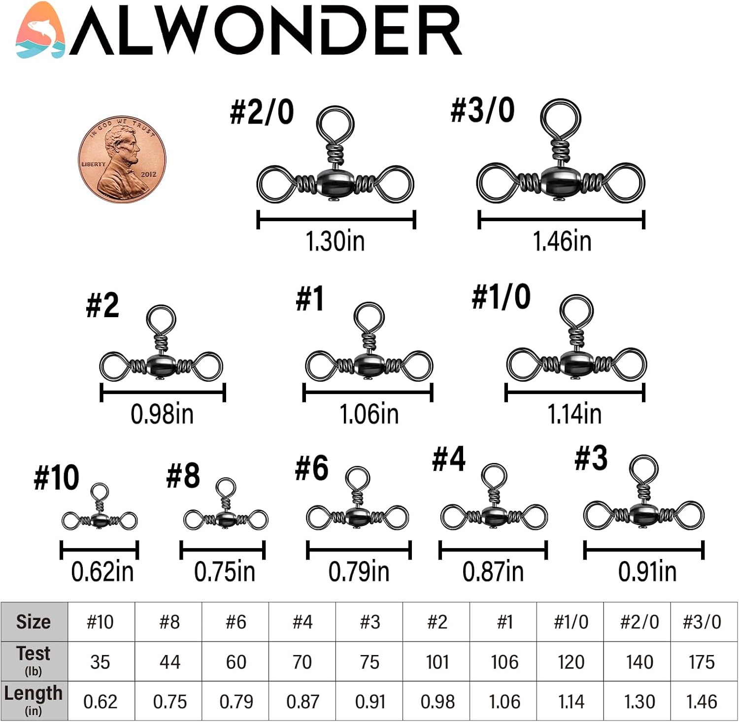 50-Pack 3 Way Swivels Fishing Tackle High Strength Stainless Steel Barrel 35-175LB Three Swivel for Saltwater Freshwater Catfish Rigs Surf  #2-101LB - Image 2