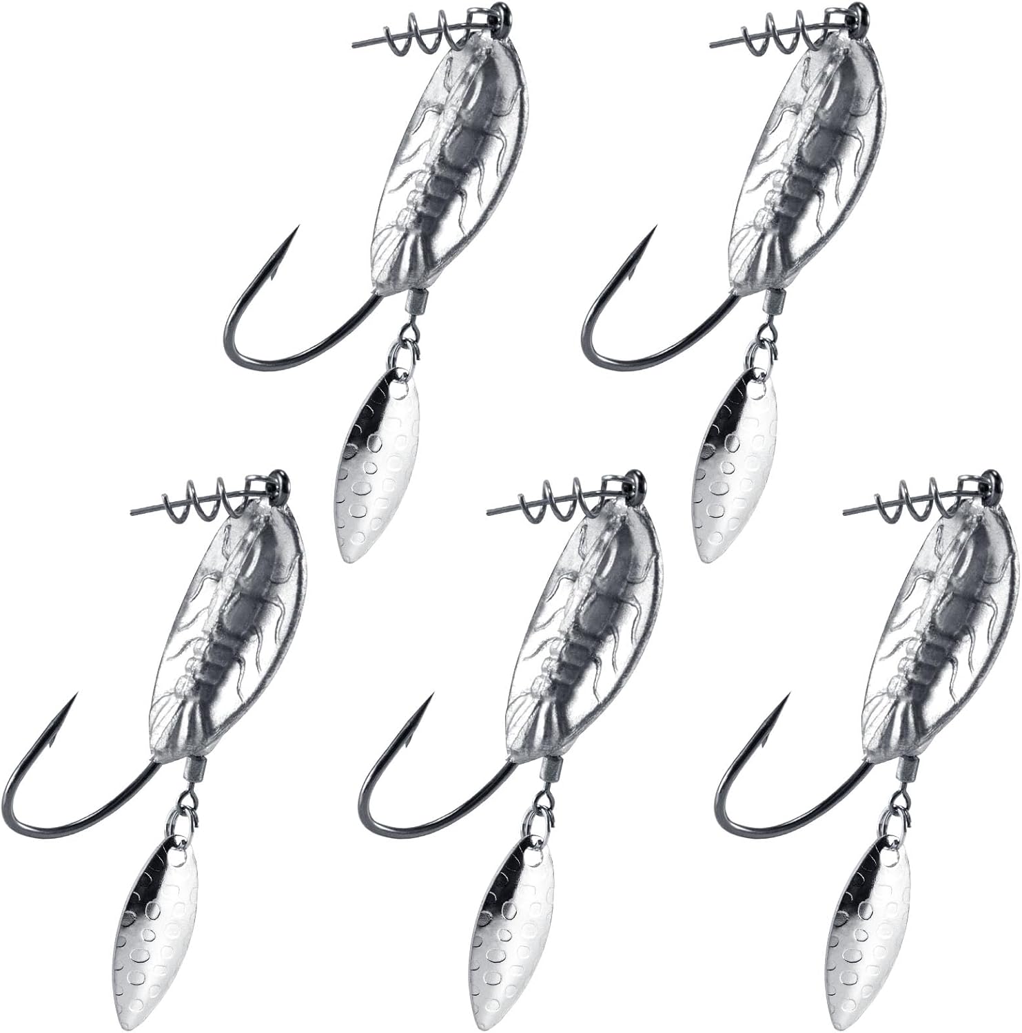 5-Pack Weighted Swimbait Hooks with Underspin, Pin Spring Fishing Hook Willow Spinner Blades Silver Gold, 1/7-3/8oz Bass Swivels Spinnerbait Weedless for Soft Lures 1/7oz - Image 1