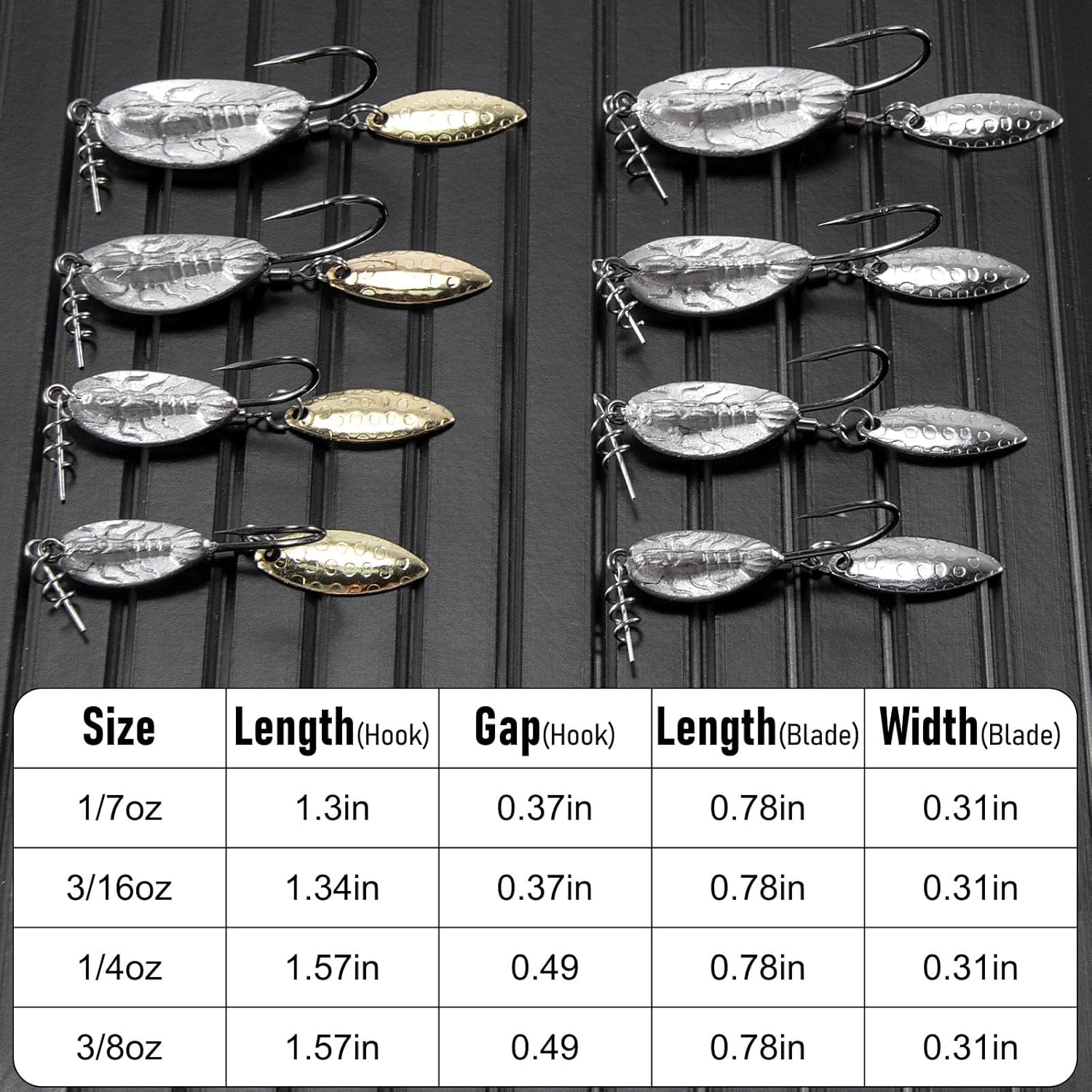 5-Pack Weighted Swimbait Hooks with Underspin, Pin Spring Fishing Hook Willow Spinner Blades Silver Gold, 1/7-3/8oz Bass Swivels Spinnerbait Weedless for Soft Lures 1/7oz - Image 2
