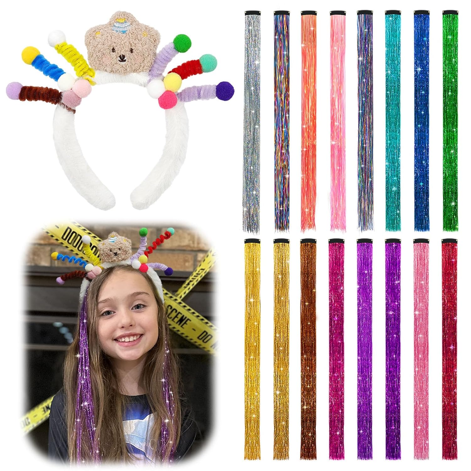 16 PCS Hair Tinsel Extension and 1 PC Halloween Headband - Image 1