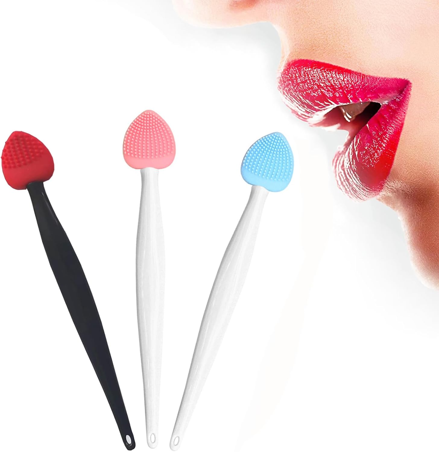Lip Scrub Brush Tool,Double-Sided Silicone Exfoliating Brushes Kits,Gentle Exfoliator Scrubber for Smooth,Soft,Bright,Fuller Healthy Lips (3 Colors) Heart - 3 Colors - Image 1