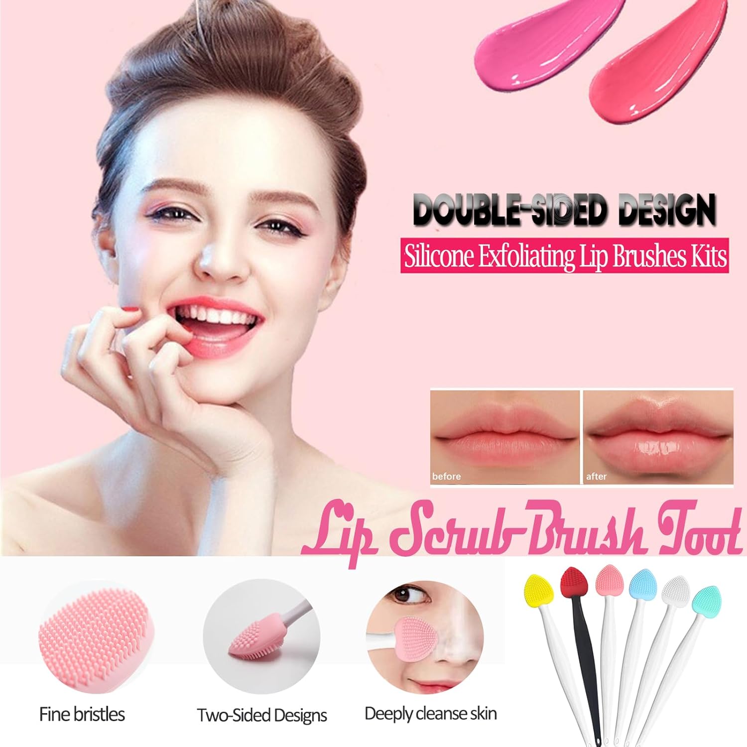Lip Scrub Brush Tool,Double-Sided Silicone Exfoliating Brushes Kits,Gentle Exfoliator Scrubber for Smooth,Soft,Bright,Fuller Healthy Lips (3 Colors) Heart - 3 Colors - Image 2