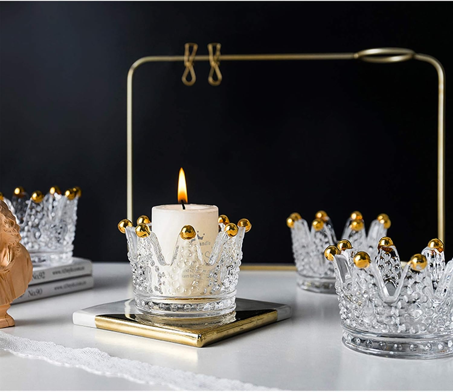 2PCS Crown Votive Candle Holder,Crown Tea Light Candlestick Ornament,Mini Crown,Tealight Holder,Jewelry Ring Holder,for Weddings Party Home Decor Set (Golden, 2PCS) Golden - Image 2