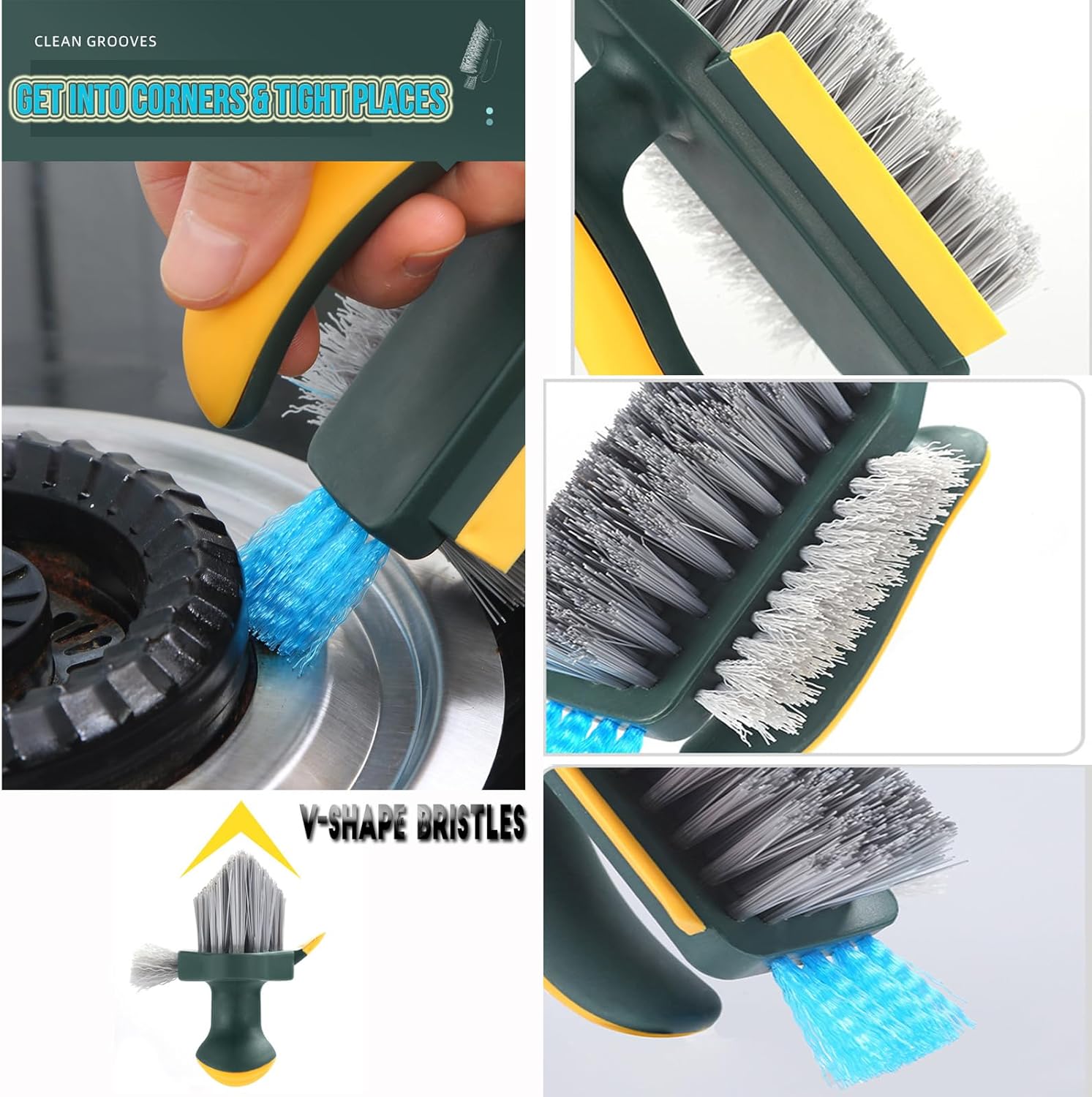 4-in-1 Grout Brush with Squeegee,Durable Bristles,Heavy-Duty Scrub Brushes for Cleaning Stiff Bristles Bathroom & Kitchen,Tile Floors Wall/Corner/Window (Green) Green - Image 4