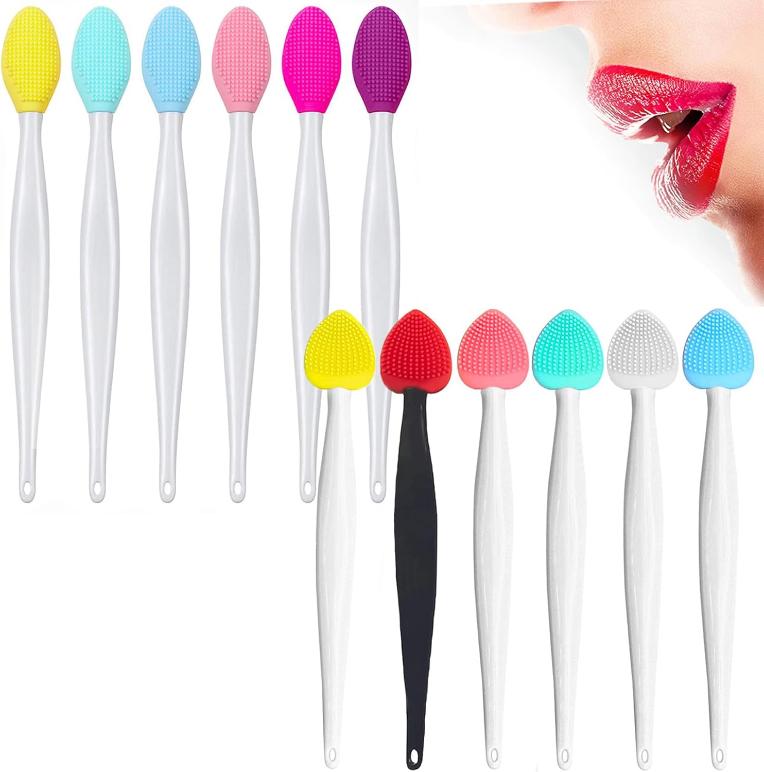 12PCS Lip Scrub Brush Tool,Double-Sided Silicone Exfoliating Lips Brushes Fuller Healthy - Image 1