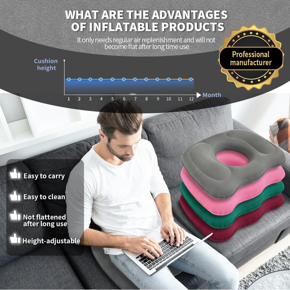Petluno Inflatable Donut Cushion for Tailbone Pain Relief - Orthopedic Hemorrhoid & Sciatica Seat Cushion - Coccyx Cushion for Postpartum, Pregnancy, Office Chair, Car, Wheelchair & Post-Surgical Recovery (Grey) - Image 3