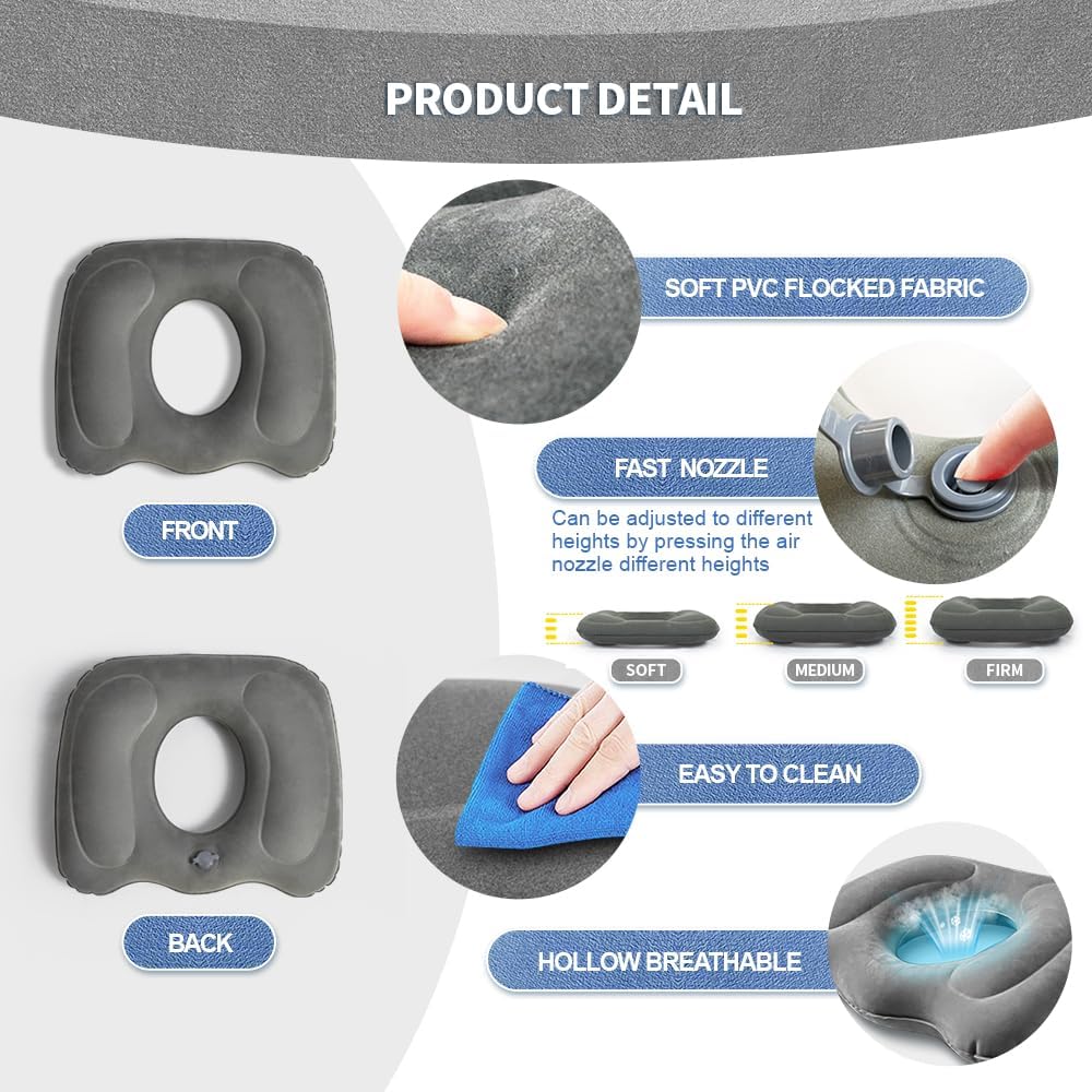 Petluno Inflatable Donut Cushion for Tailbone Pain Relief - Orthopedic Hemorrhoid & Sciatica Seat Cushion - Coccyx Cushion for Postpartum, Pregnancy, Office Chair, Car, Wheelchair & Post-Surgical Recovery (Grey) - Image 5