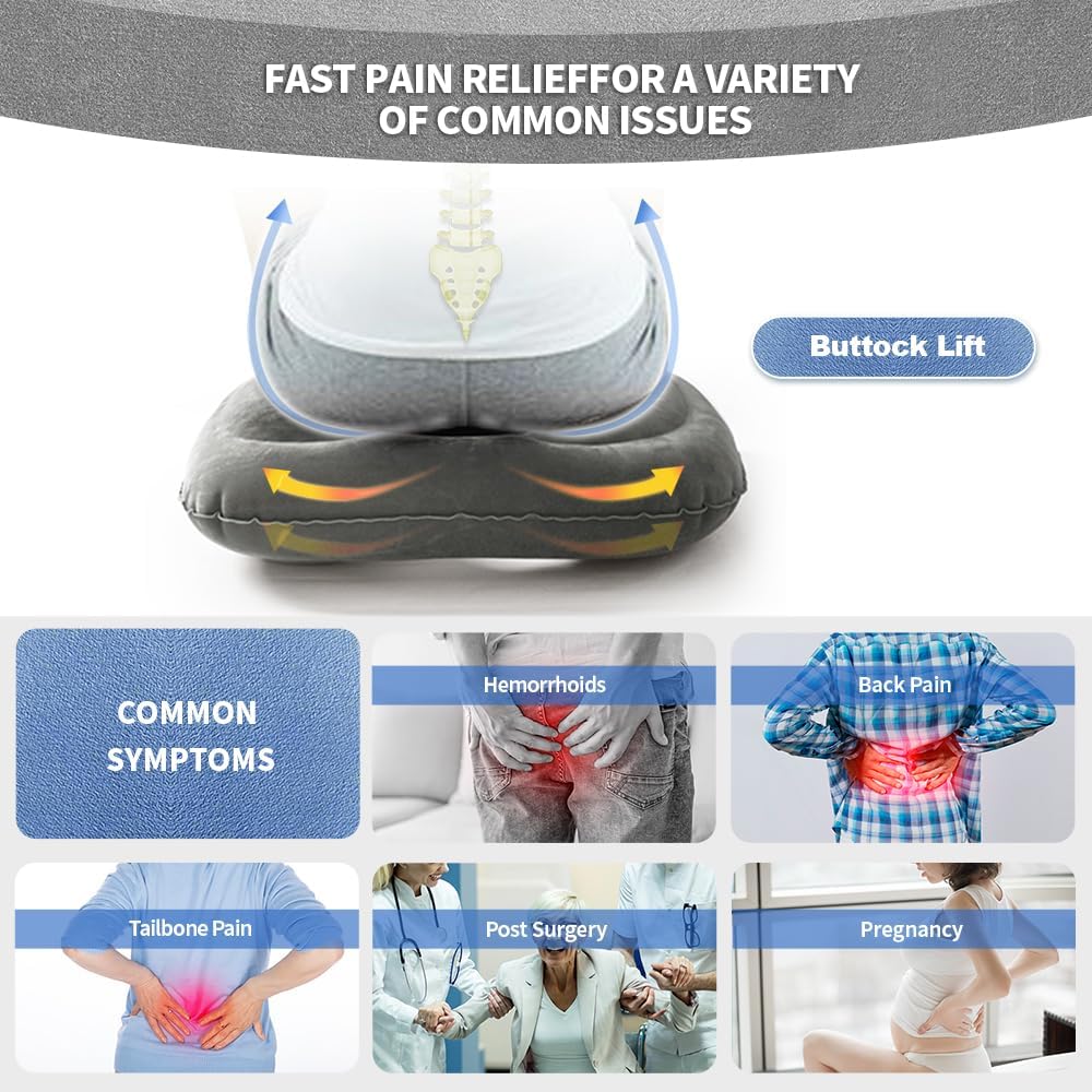 Petluno Inflatable Donut Cushion for Tailbone Pain Relief - Orthopedic Hemorrhoid & Sciatica Seat Cushion - Coccyx Cushion for Postpartum, Pregnancy, Office Chair, Car, Wheelchair & Post-Surgical Recovery (Grey) - Image 6