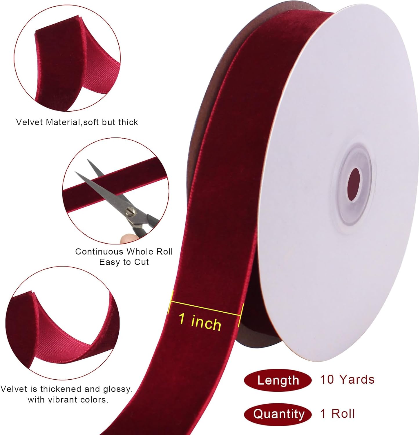 10 Yards Burgundy Velvet Ribbon 1 Inch for Christmas Tree, Dark Red Gift Wrapping Crafts Bow Wreath Holiday Decorations (Burgundy) 1