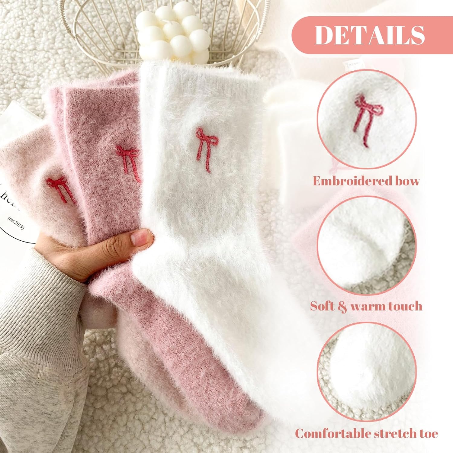 5 Pairs Fluffy Cosy Socks Ladies With Bow, Warm Winter Socks, Thick Furry For Home, Thermal Ladies, Soft Sleep - Image 2
