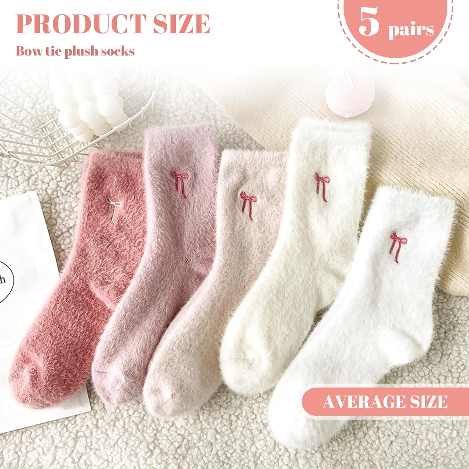 5 Pairs Fluffy Cosy Socks Ladies With Bow, Warm Winter Socks, Thick Furry For Home, Thermal Ladies, Soft Sleep - Image 3