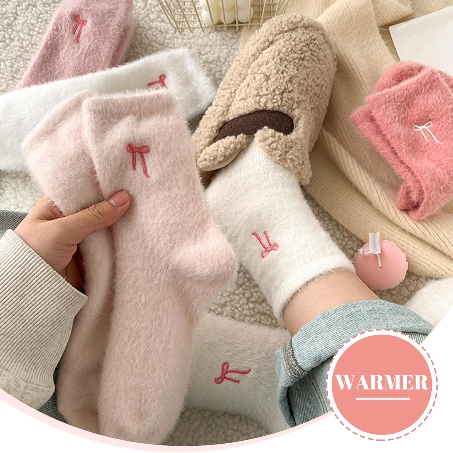 5 Pairs Fluffy Cosy Socks Ladies With Bow, Warm Winter Socks, Thick Furry For Home, Thermal Ladies, Soft Sleep - Image 5