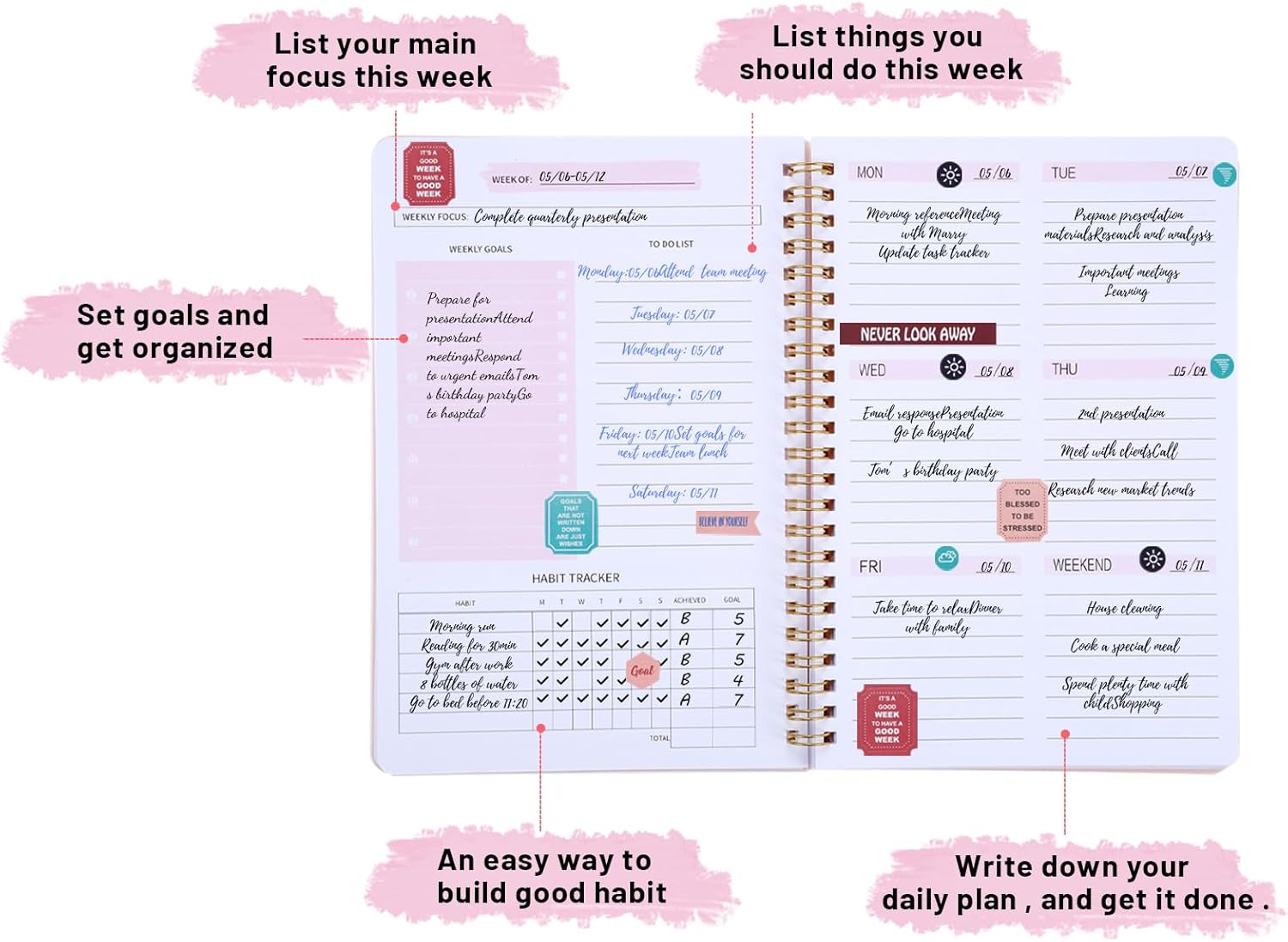 To Do List Notebook, A5 Weekly Planner Undated, Planning Pad Checklist Productivity Organizer 52 Pages for Students, Work, Fitness (Pink) Pink - Image 2