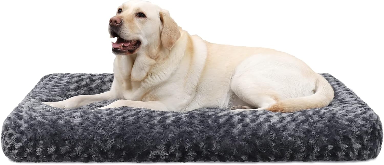 Petluno Large Dog Bed Washable, Calming Crate Mattress with Non Skid Bottom, Fluffy Anti Anxiety Beds, Pet Pillow Cushion, Dark Grey, 90x60x8cm Grey 90 x 60 8 cm (L W H) - Image 1