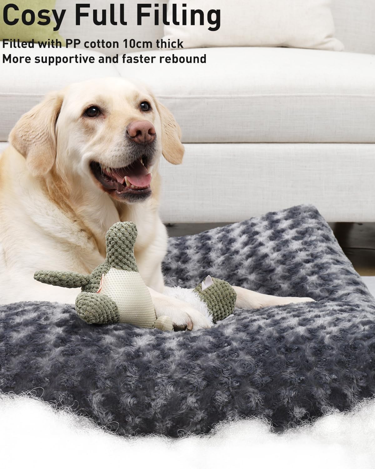 Petluno Large Dog Bed Washable, Calming Crate Mattress with Non Skid Bottom, Fluffy Anti Anxiety Beds, Pet Pillow Cushion, Dark Grey, 90x60x8cm Grey 90 x 60 8 cm (L W H) - Image 3