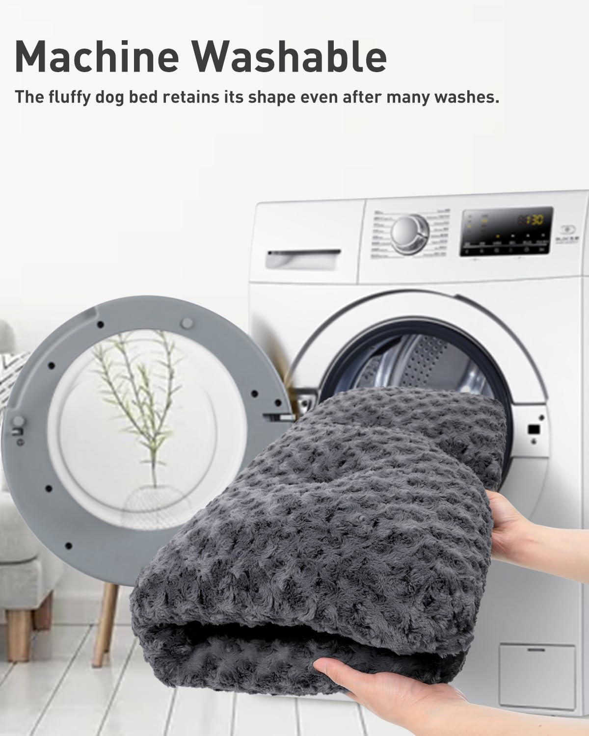 Petluno Large Dog Bed Washable, Calming Crate Mattress with Non Skid Bottom, Fluffy Anti Anxiety Beds, Pet Pillow Cushion, Dark Grey, 90x60x8cm Grey 90 x 60 8 cm (L W H) - Image 6