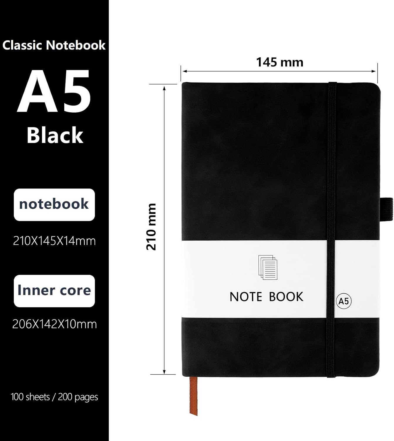 A5 Notebook, Notebook Note Book Pad Journal Notepad PU Leather for Office School Home Business Writing & Taking 200 Pages (100 Sheets)- Black - Image 2