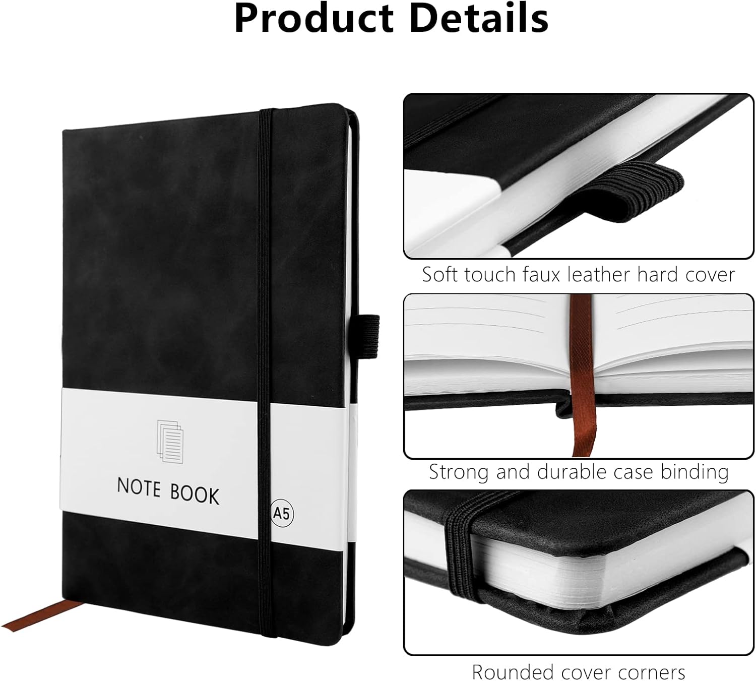 A5 Notebook, Notebook Note Book Pad Journal Notepad PU Leather for Office School Home Business Writing & Taking 200 Pages (100 Sheets)- Black - Image 3