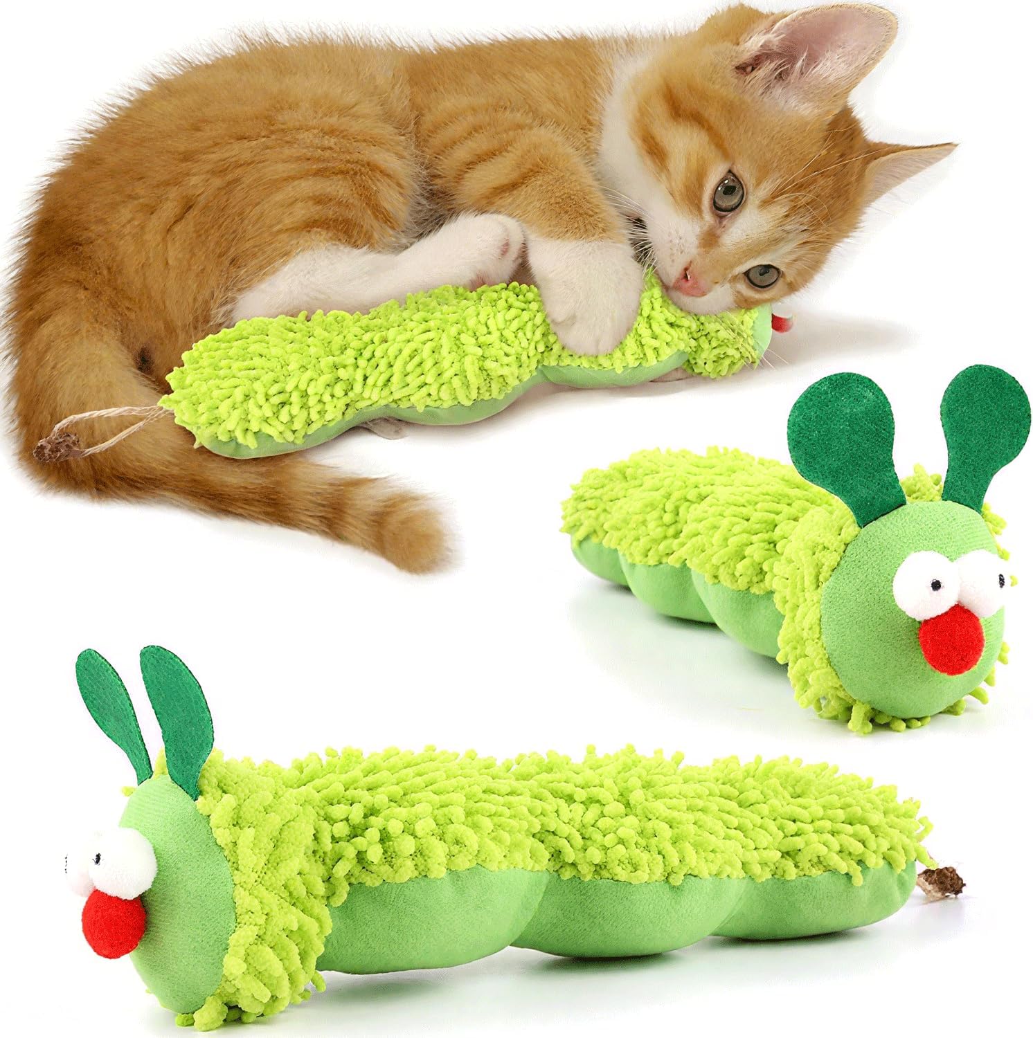 Petluno Cat Catnip Toy for Indoor Cats, Chew Teeth Cleaning, Bite-Resistant Plush Caterpillar Design, Dental Health Benefits, Green - Image 1