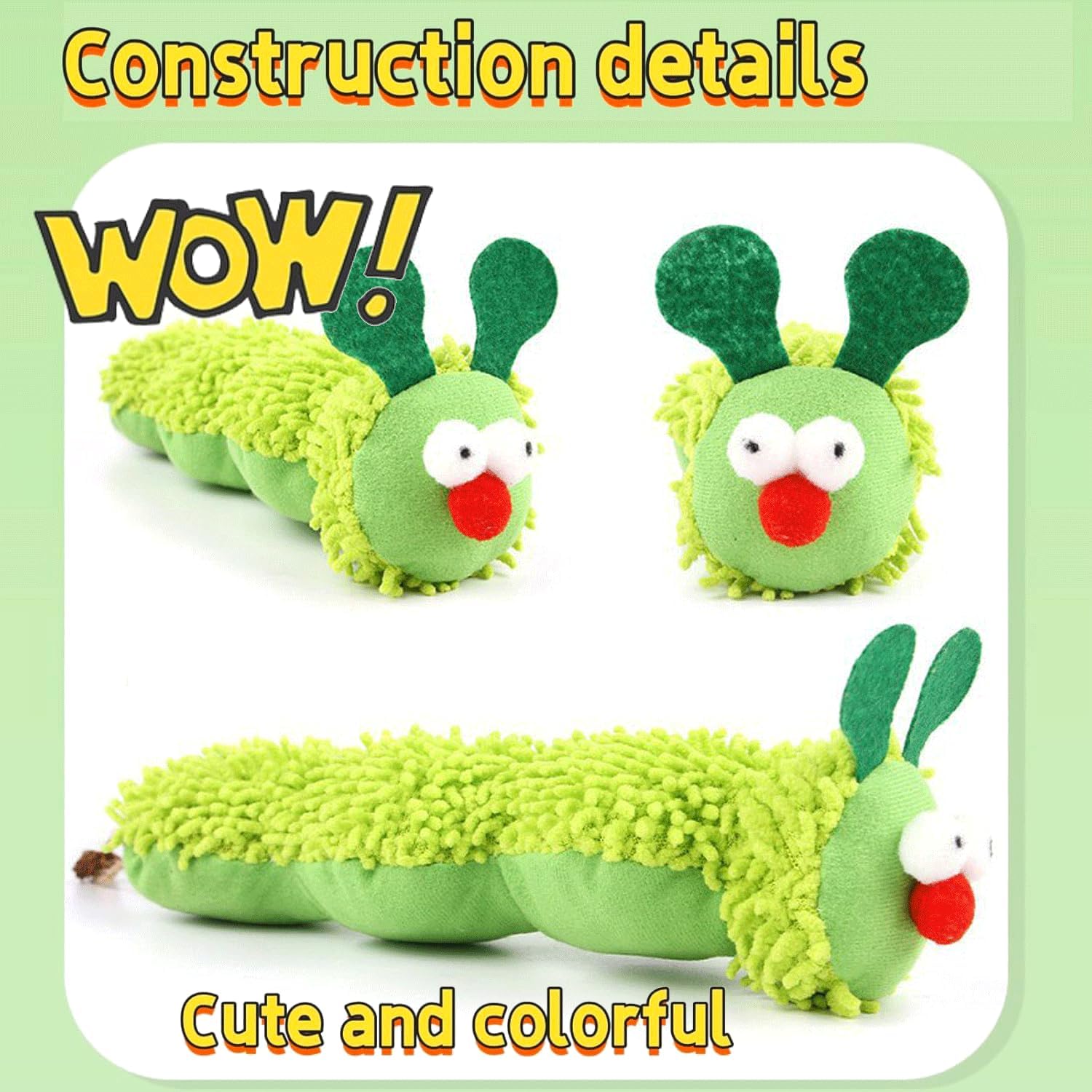 Petluno Cat Catnip Toy for Indoor Cats, Chew Teeth Cleaning, Bite-Resistant Plush Caterpillar Design, Dental Health Benefits, Green - Image 2