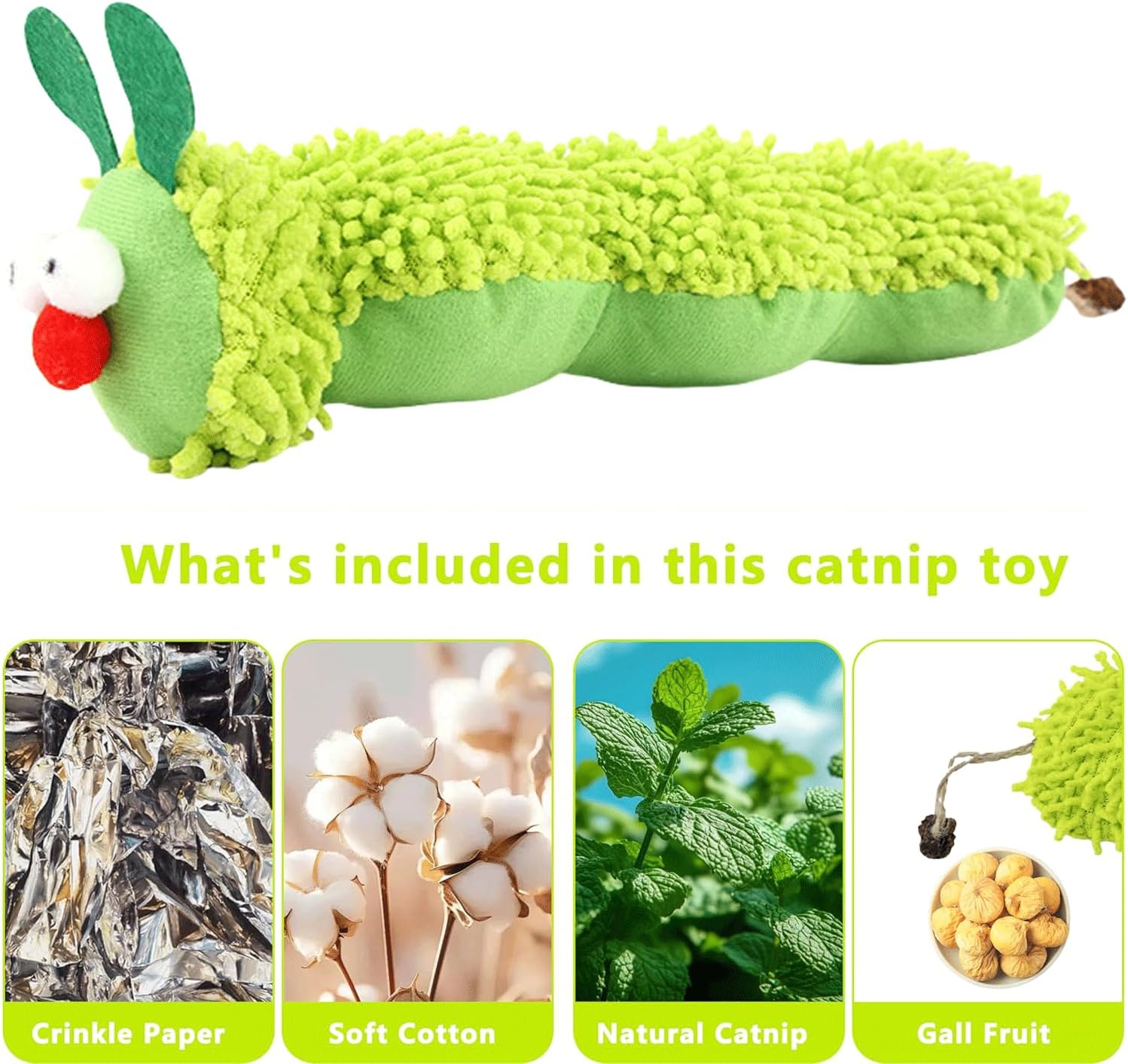 Petluno Cat Catnip Toy for Indoor Cats, Chew Teeth Cleaning, Bite-Resistant Plush Caterpillar Design, Dental Health Benefits, Green - Image 3