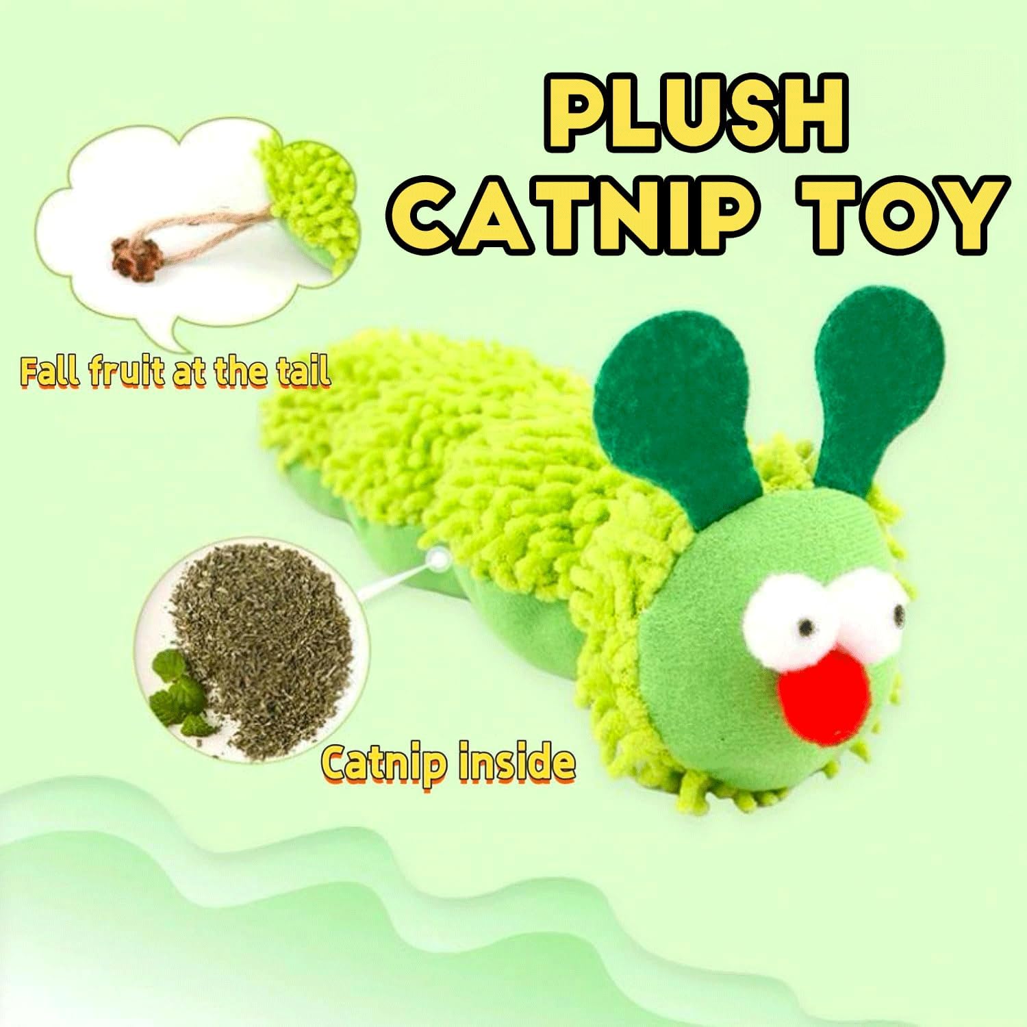 Petluno Cat Catnip Toy for Indoor Cats, Chew Teeth Cleaning, Bite-Resistant Plush Caterpillar Design, Dental Health Benefits, Green - Image 4