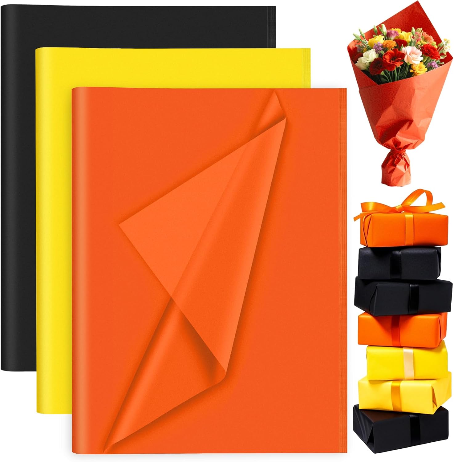 Petluno 60 Sheets Black Orange Yellow Tissue Paper Bulk, Gift Wrap for Packaging Birthday Wrapping Wedding Construction Party Decorations Black, Orange, - Image 1