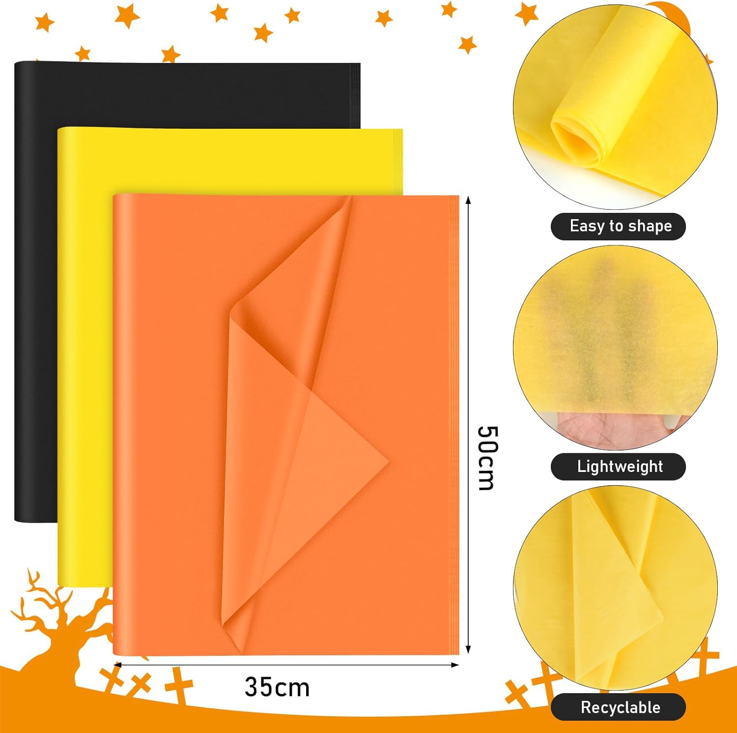 Petluno 60 Sheets Black Orange Yellow Tissue Paper Bulk, Gift Wrap for Packaging Birthday Wrapping Wedding Construction Party Decorations Black, Orange, - Image 2