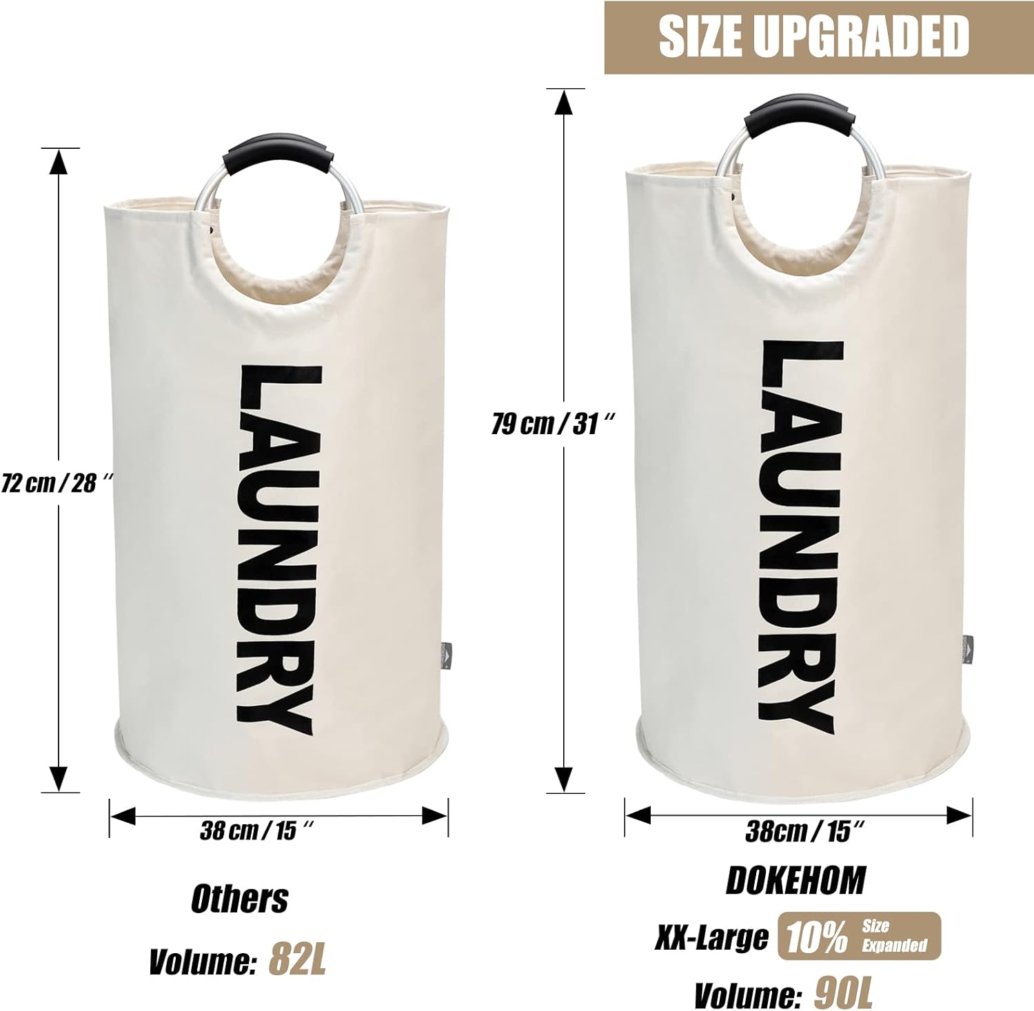 Petluno 90L Large Laundry Basket, Collapsible Bag, Freestanding Tall Clothes Hamper, Foldable Washing Bin (Beige) Beige - Image 3