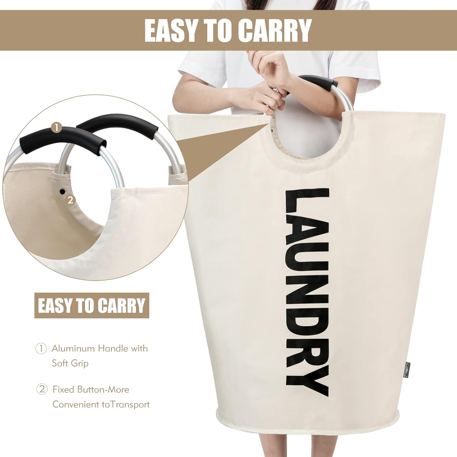 Petluno 90L Large Laundry Basket, Collapsible Bag, Freestanding Tall Clothes Hamper, Foldable Washing Bin (Beige) Beige - Image 5