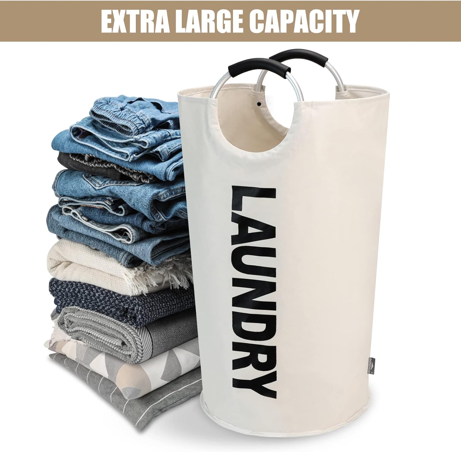 Petluno 90L Large Laundry Basket, Collapsible Bag, Freestanding Tall Clothes Hamper, Foldable Washing Bin (Beige) Beige - Image 6