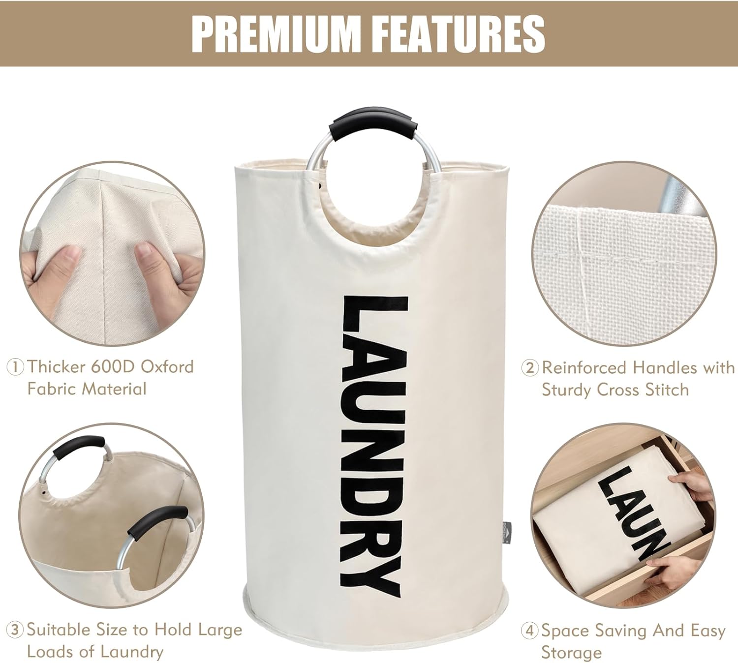 Petluno 90L Large Laundry Basket, Collapsible Bag, Freestanding Tall Clothes Hamper, Foldable Washing Bin (Beige) Beige - Image 8