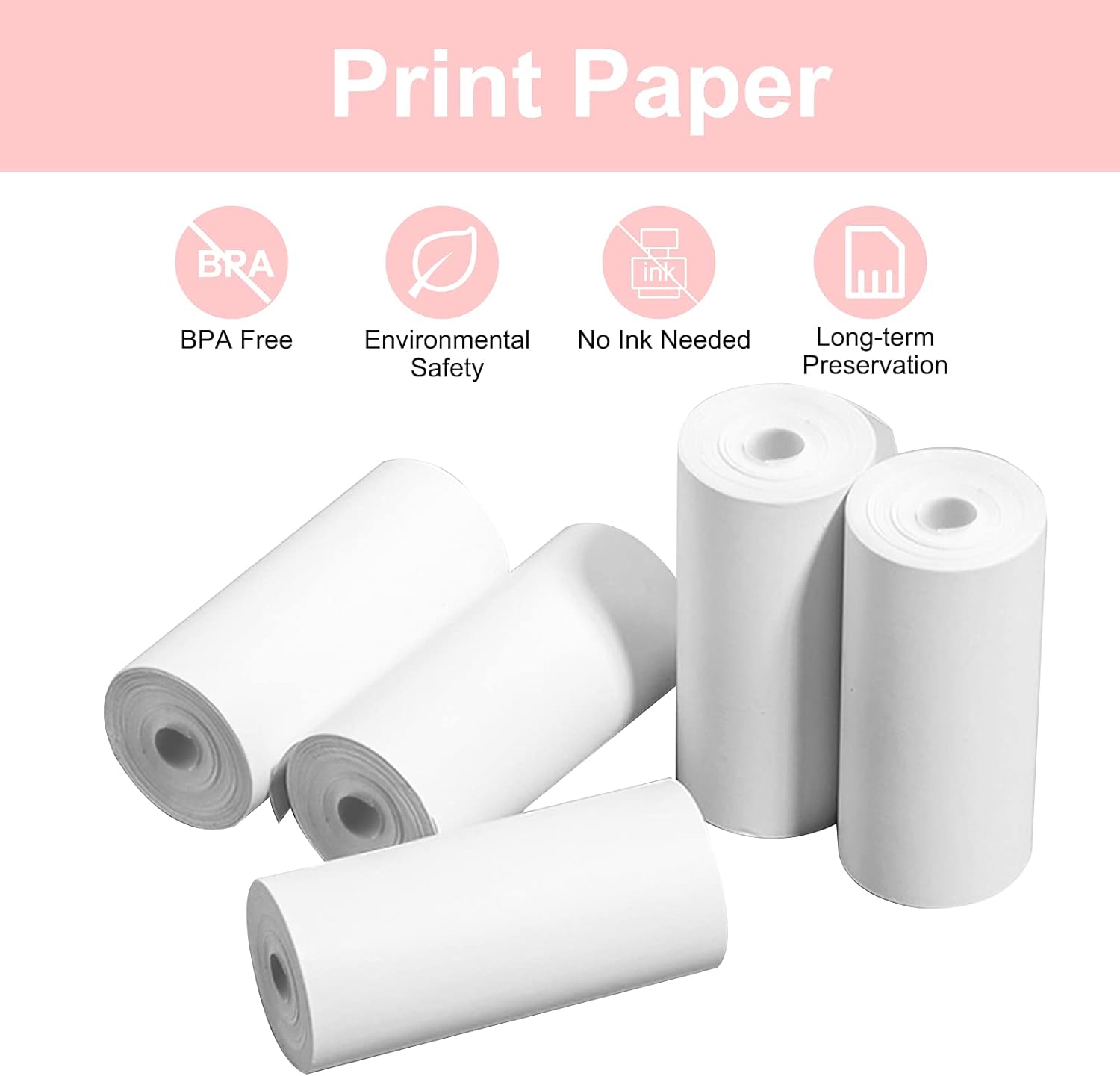 Thermal printing paper refill 5.7*3.0 CM for kids' instant cameras, width 5.7 cm, white, inkless (5 rolls) white - Image 2