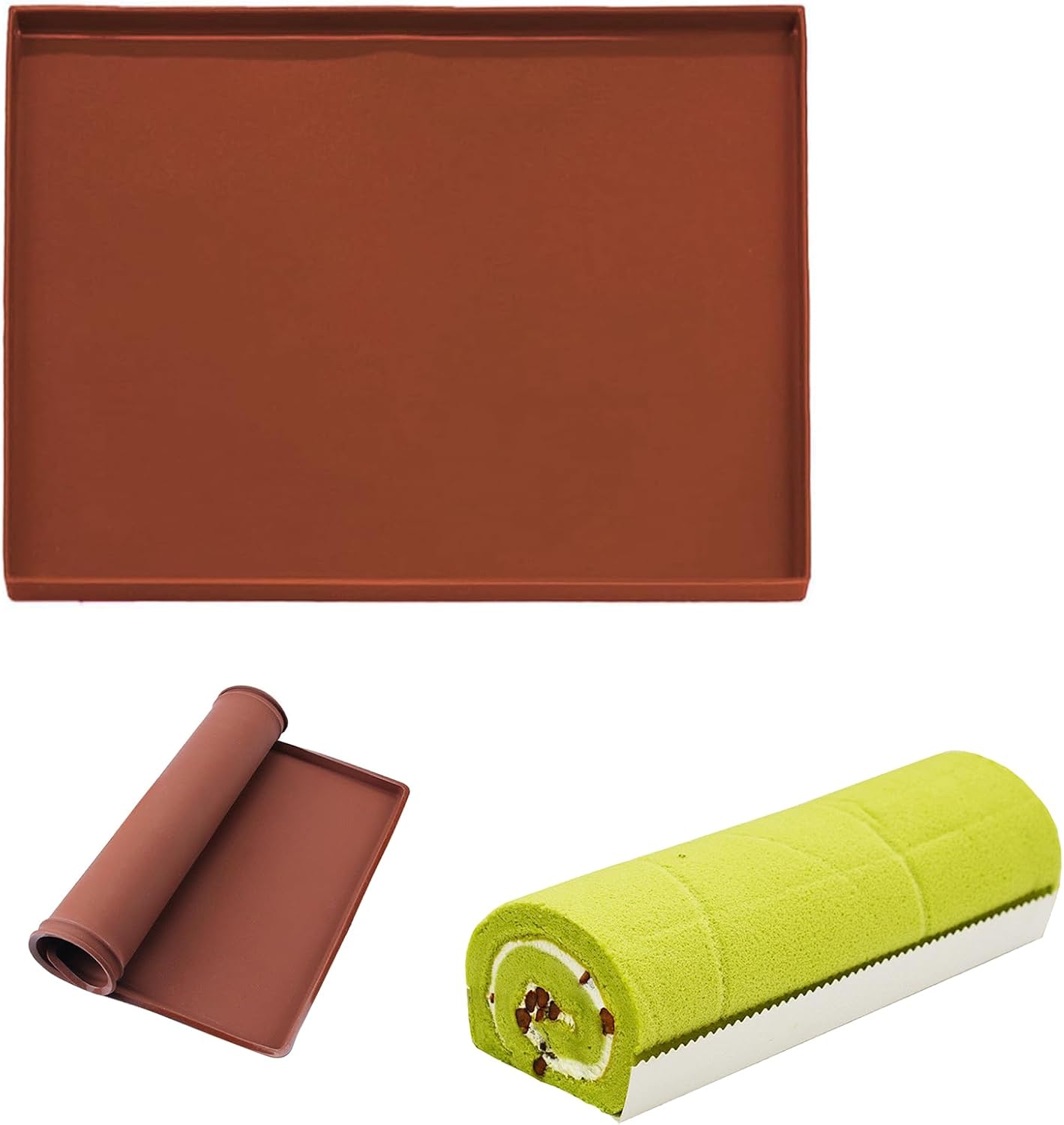 Silicone Sponge Cake Mat 30x40x1cm Swiss Roll Baking Mat for Rolling - Flexible with Rim (Brown) Brown - Image 1
