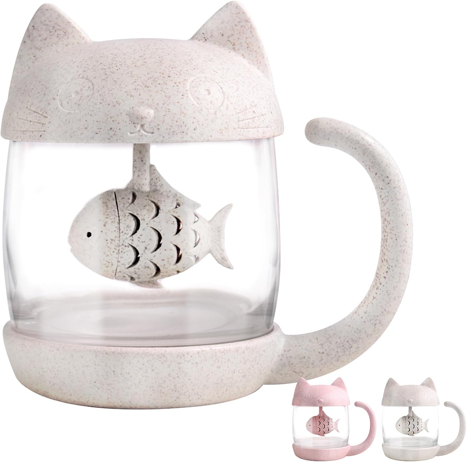 Petluno Glass Cat Teacup, Fish Infuser Water Bottle, 250ML Bulk Strainer White - Image 1