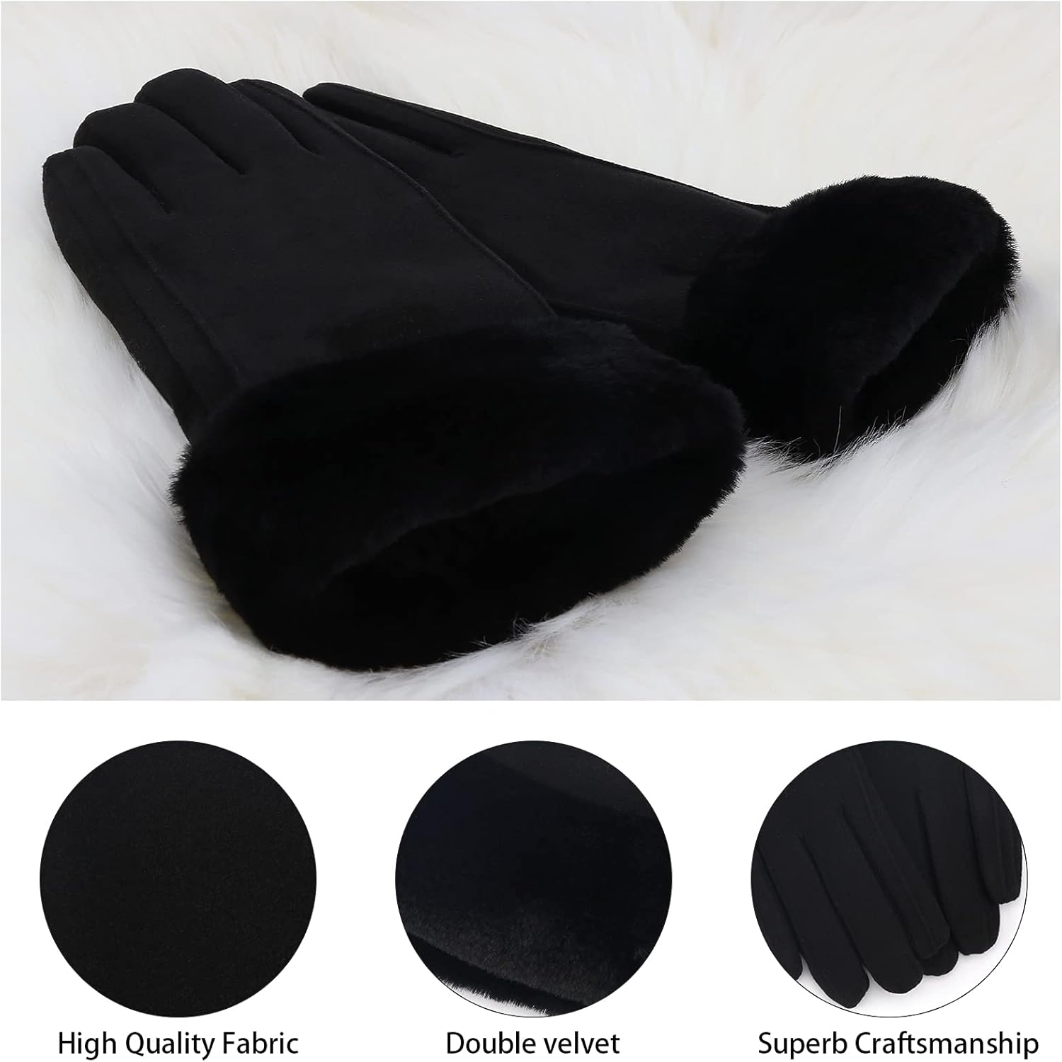 Warm women's winter gloves with thermal fleece text Black M - Image 2