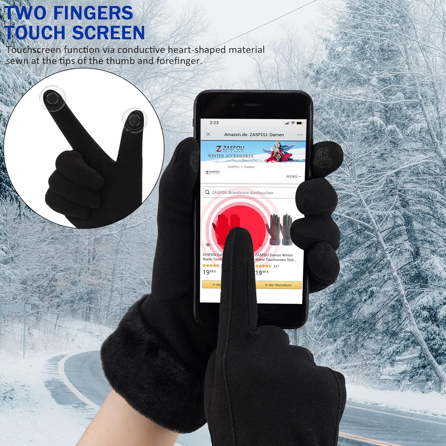 Warm women's winter gloves with thermal fleece text Black M - Image 3