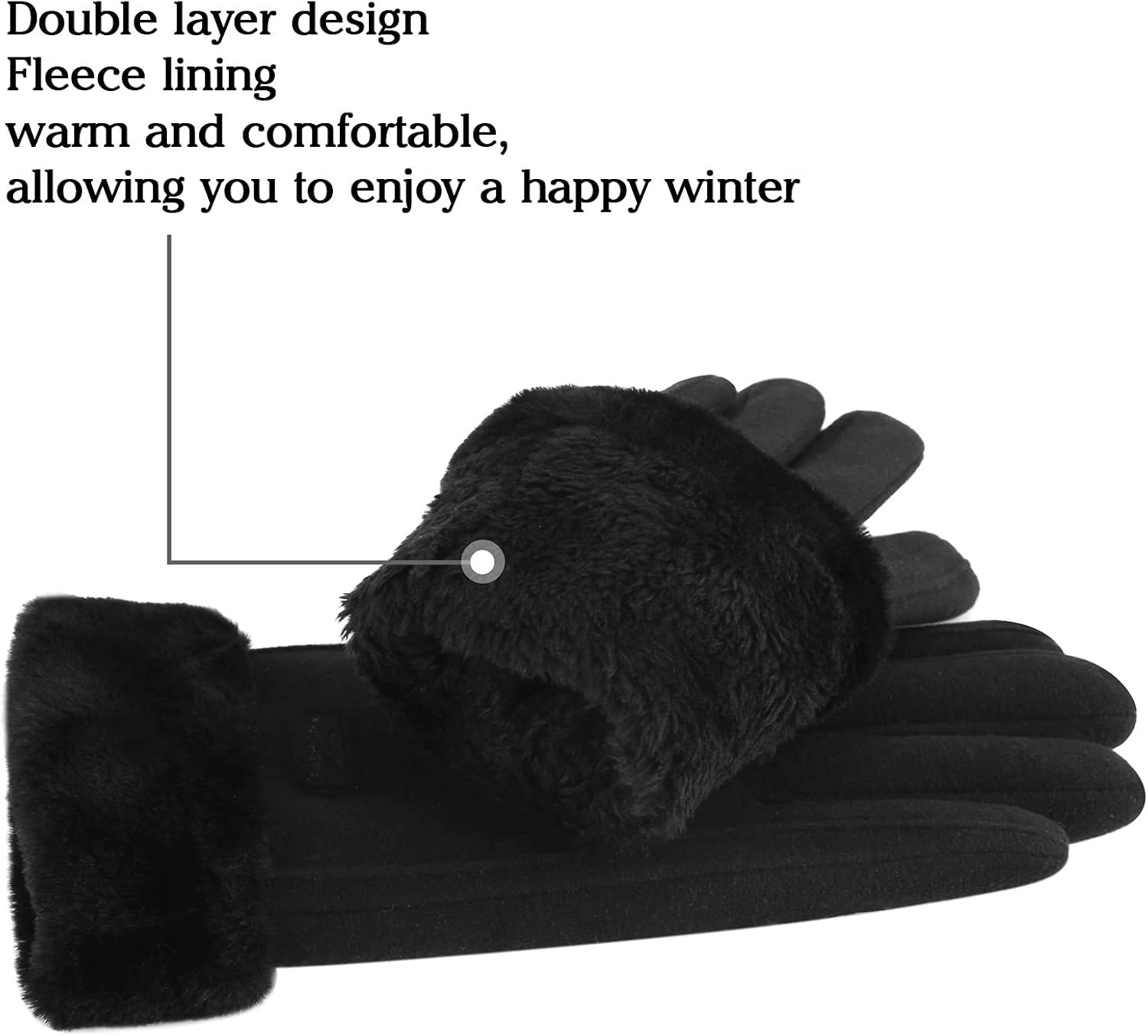Warm women's winter gloves with thermal fleece text Black M - Image 4