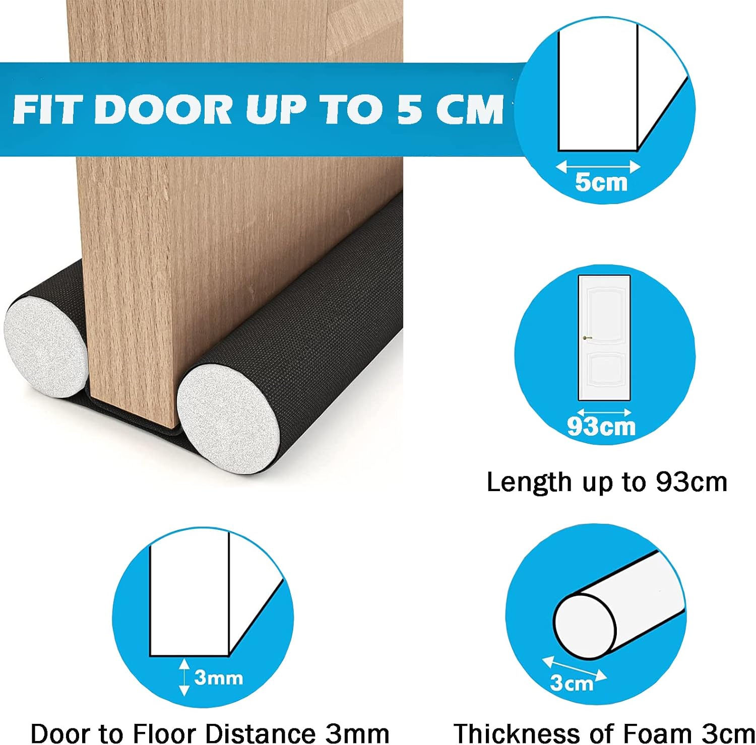 Insulated Door Draft Stopper with Eco-Friendly Oxford Fabric, Petluno 93cm Cut to Size, Double for Internal Doors 3-5 cm, Black - Image 2