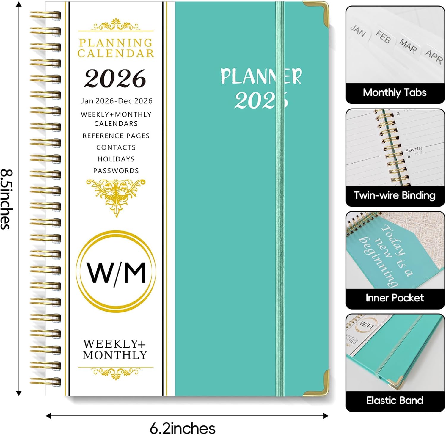 2026 Weekly and Monthly Planner, Jan-Dec, Spiral-Bound with Tabs, Inner Pocket, 6.2