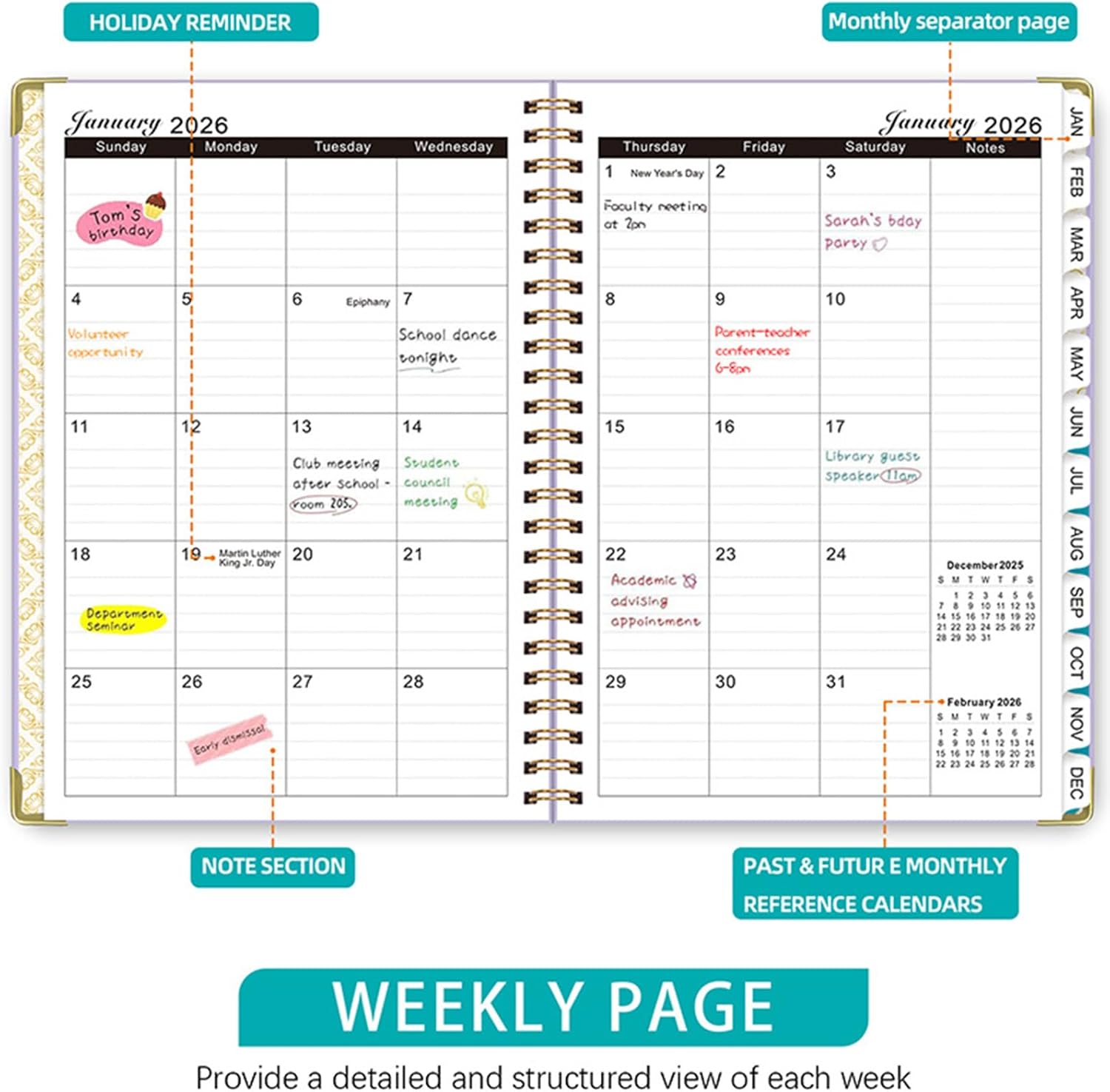 2026 Weekly and Monthly Planner, Jan-Dec, Spiral-Bound with Tabs, Inner Pocket, 6.2