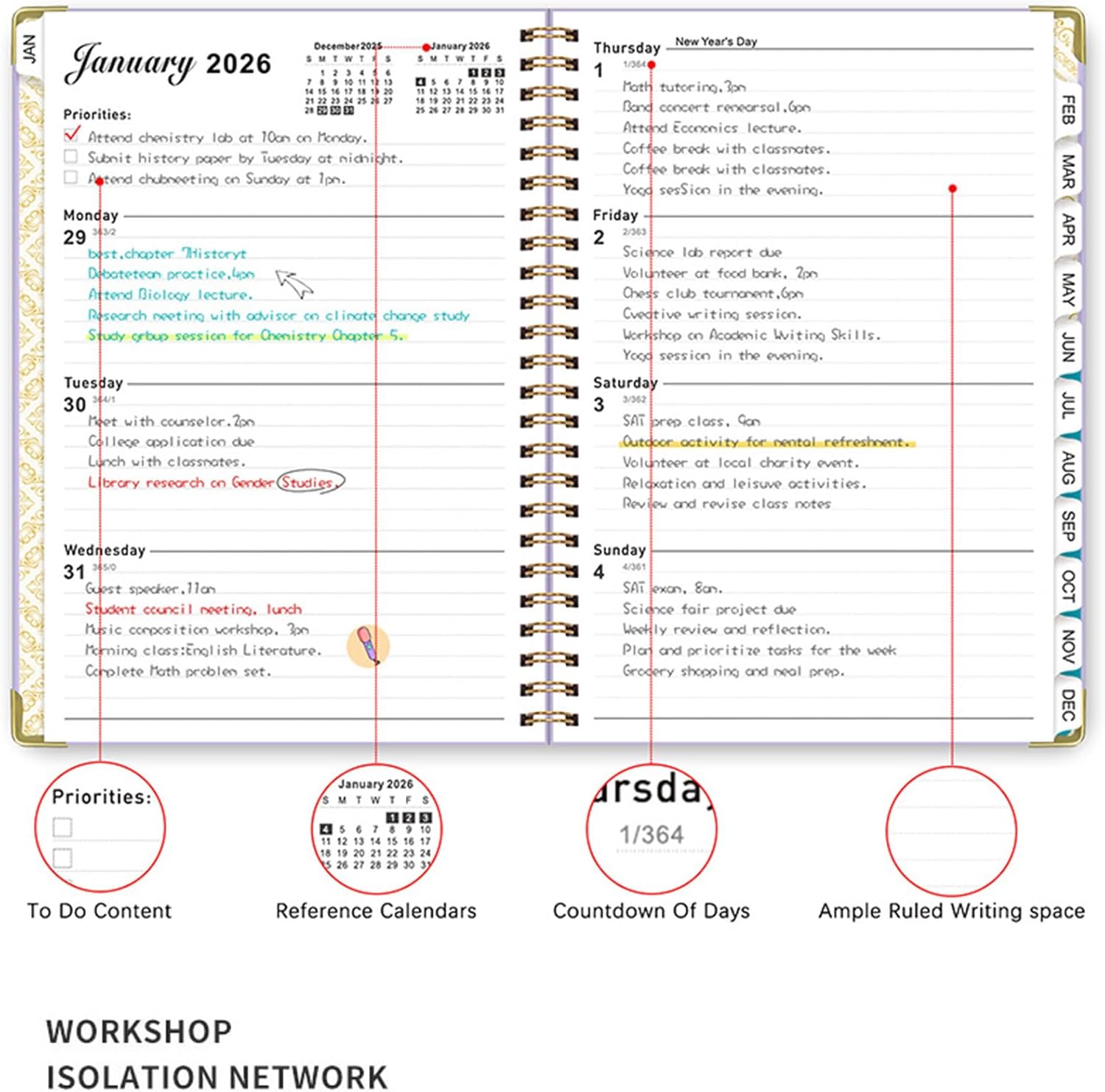2026 Weekly and Monthly Planner, Jan-Dec, Spiral-Bound with Tabs, Inner Pocket, 6.2